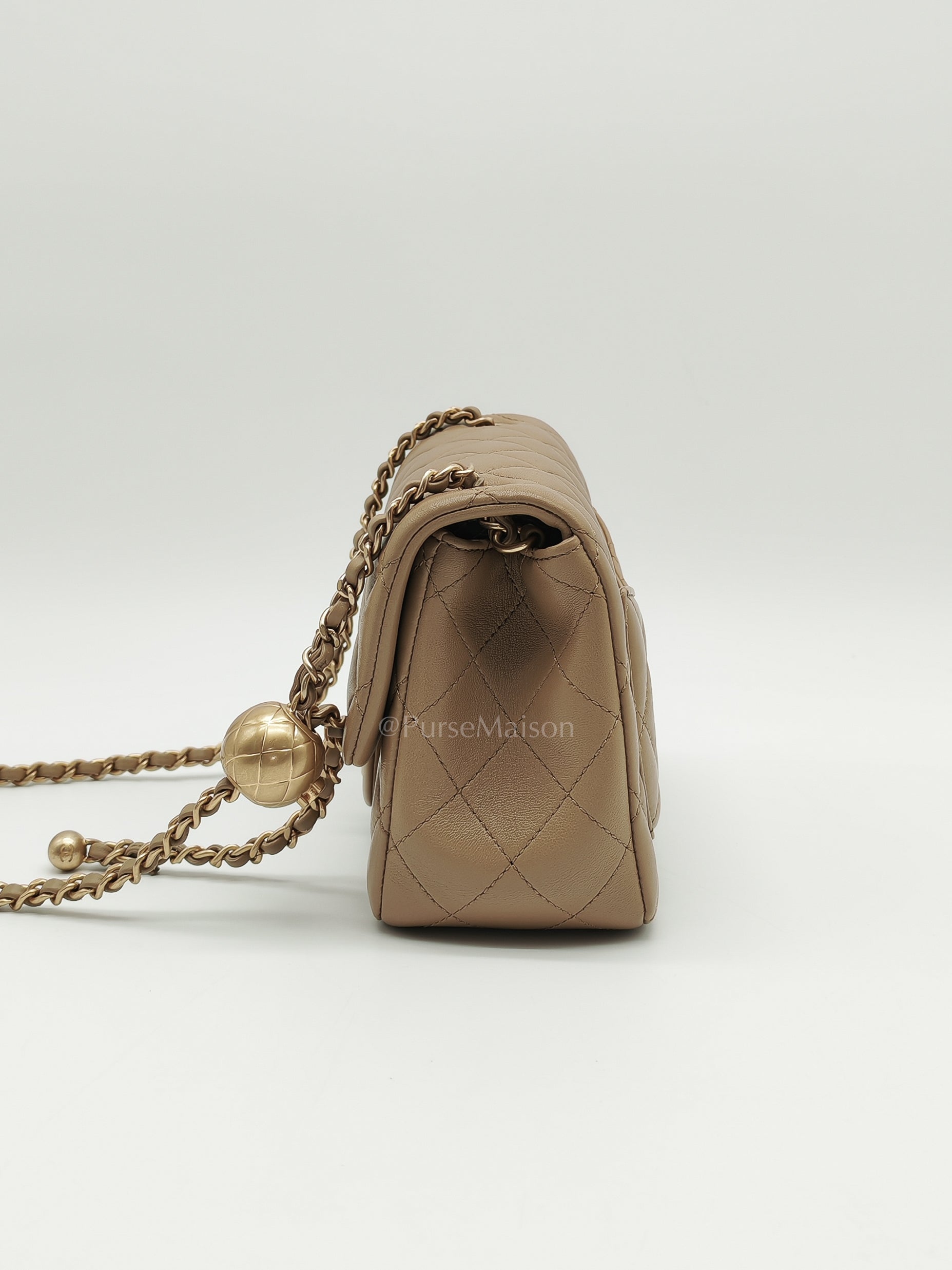 Square Mini Pearl Crush in Beige Lambskin Leather and Aged Gold Hardware (Microchip) | Purse Maison Luxury Bags Shop
