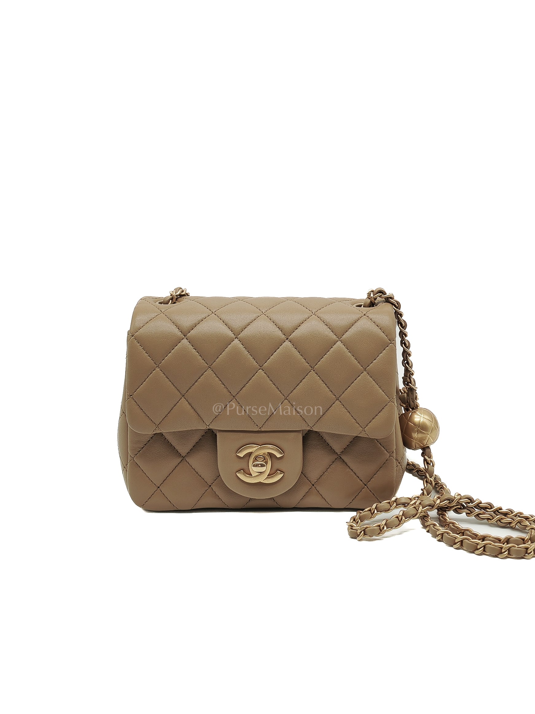 Square Mini Pearl Crush in Beige Lambskin Leather and Aged Gold Hardware (Microchip) | Purse Maison Luxury Bags Shop