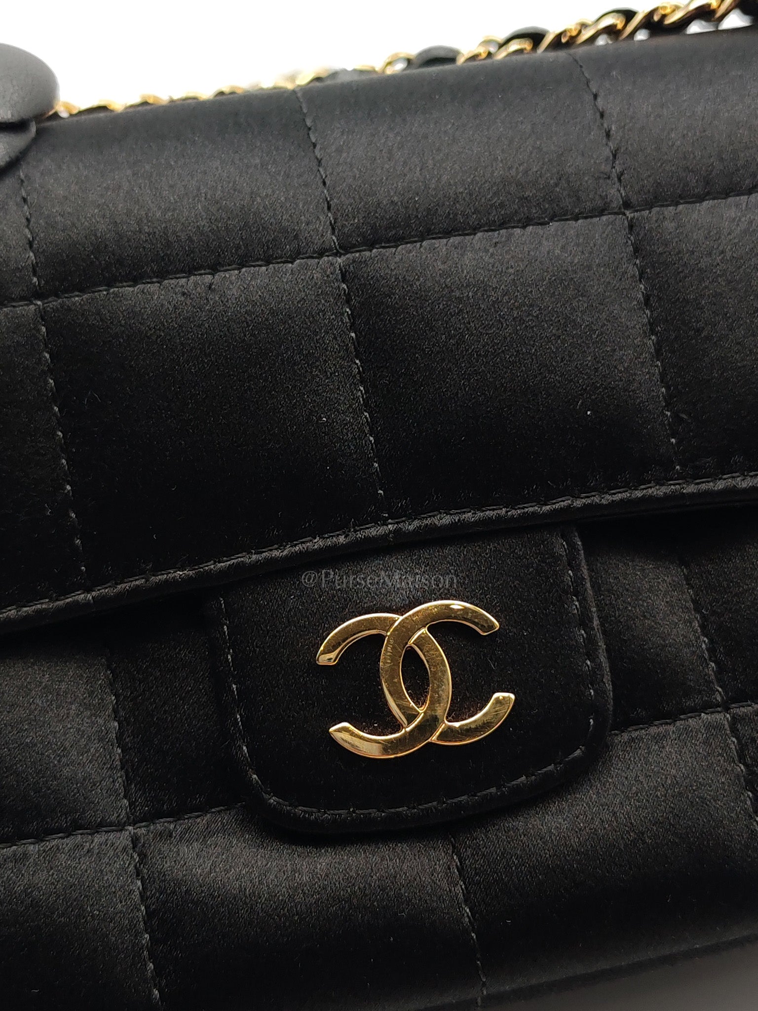 Camellia Satin Chocolate Bar Flap Bag Mini in Black Silk Fabric Leather & Gold Hardware Series 12