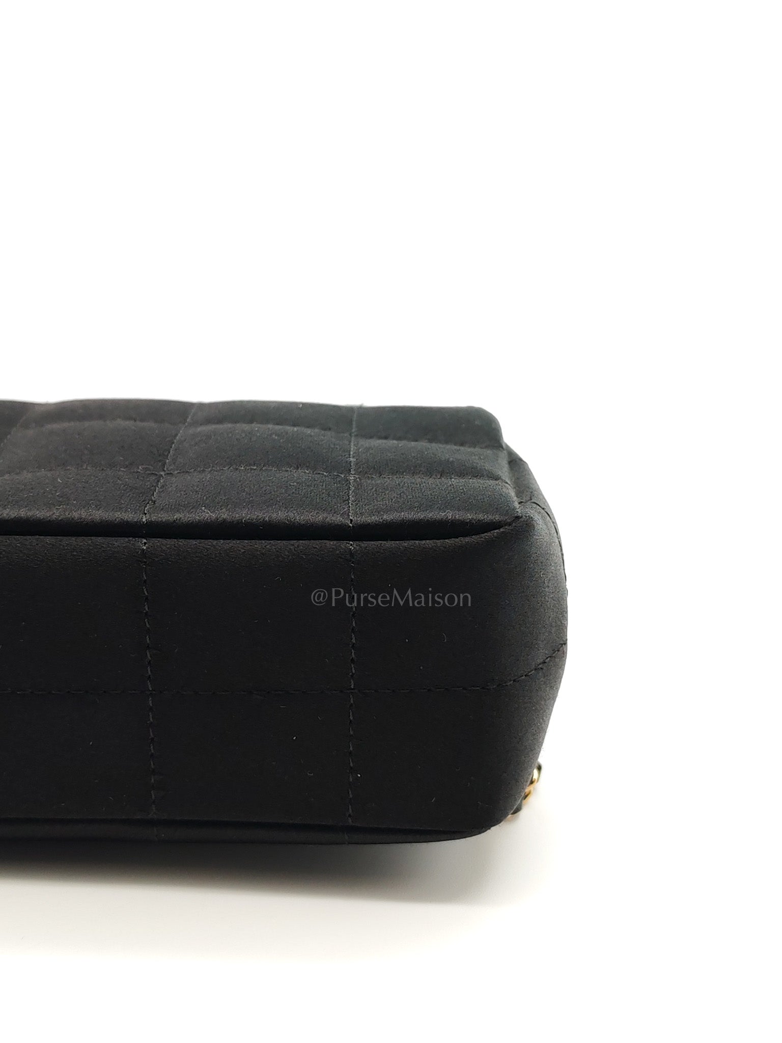Camellia Satin Chocolate Bar Flap Bag Mini in Black Silk Fabric Leather & Gold Hardware Series 12