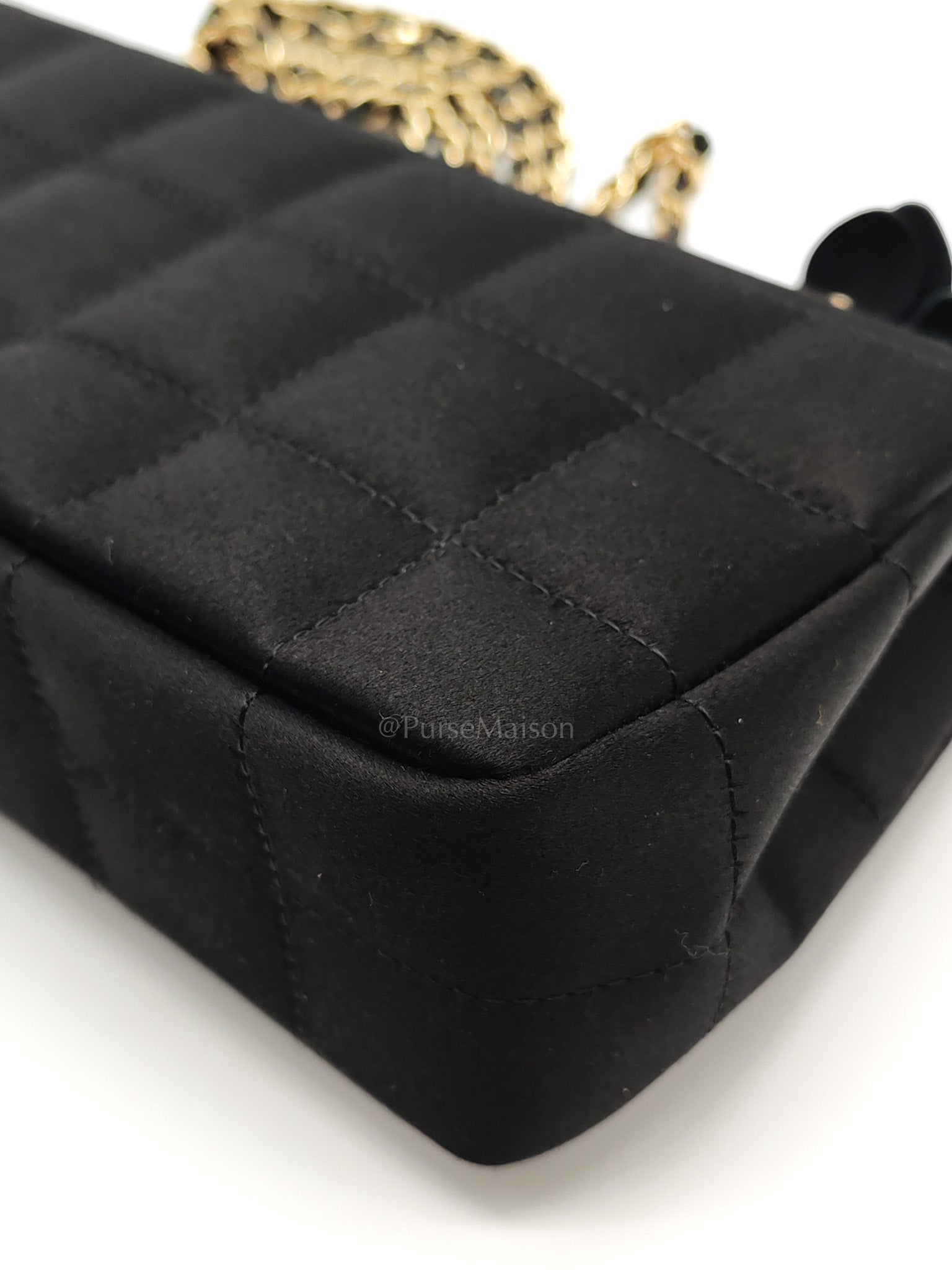 Camellia Satin Chocolate Bar Flap Bag Mini in Black Silk Fabric Leather & Gold Hardware Series 12
