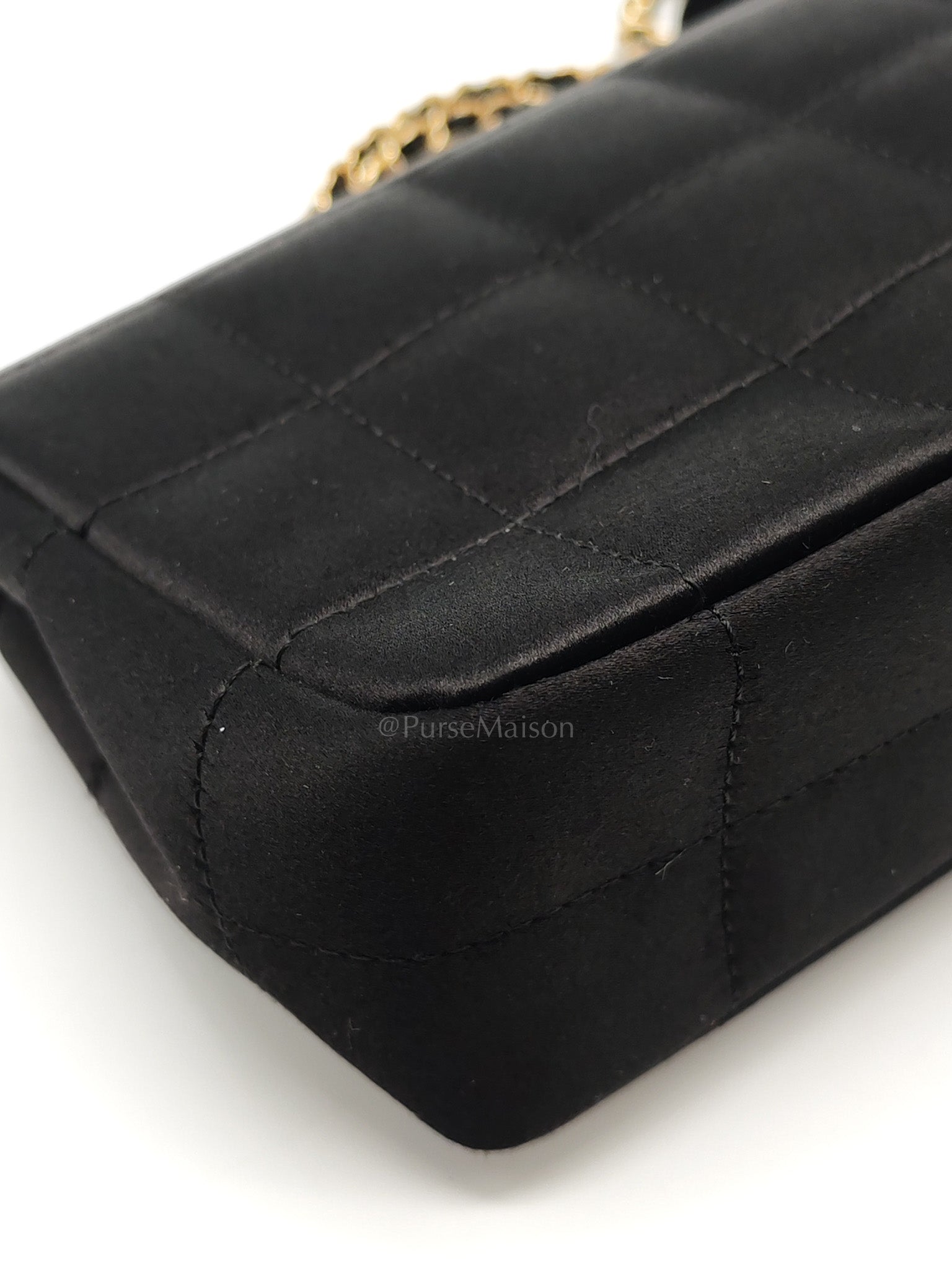 Camellia Satin Chocolate Bar Flap Bag Mini in Black Silk Fabric Leather & Gold Hardware Series 12