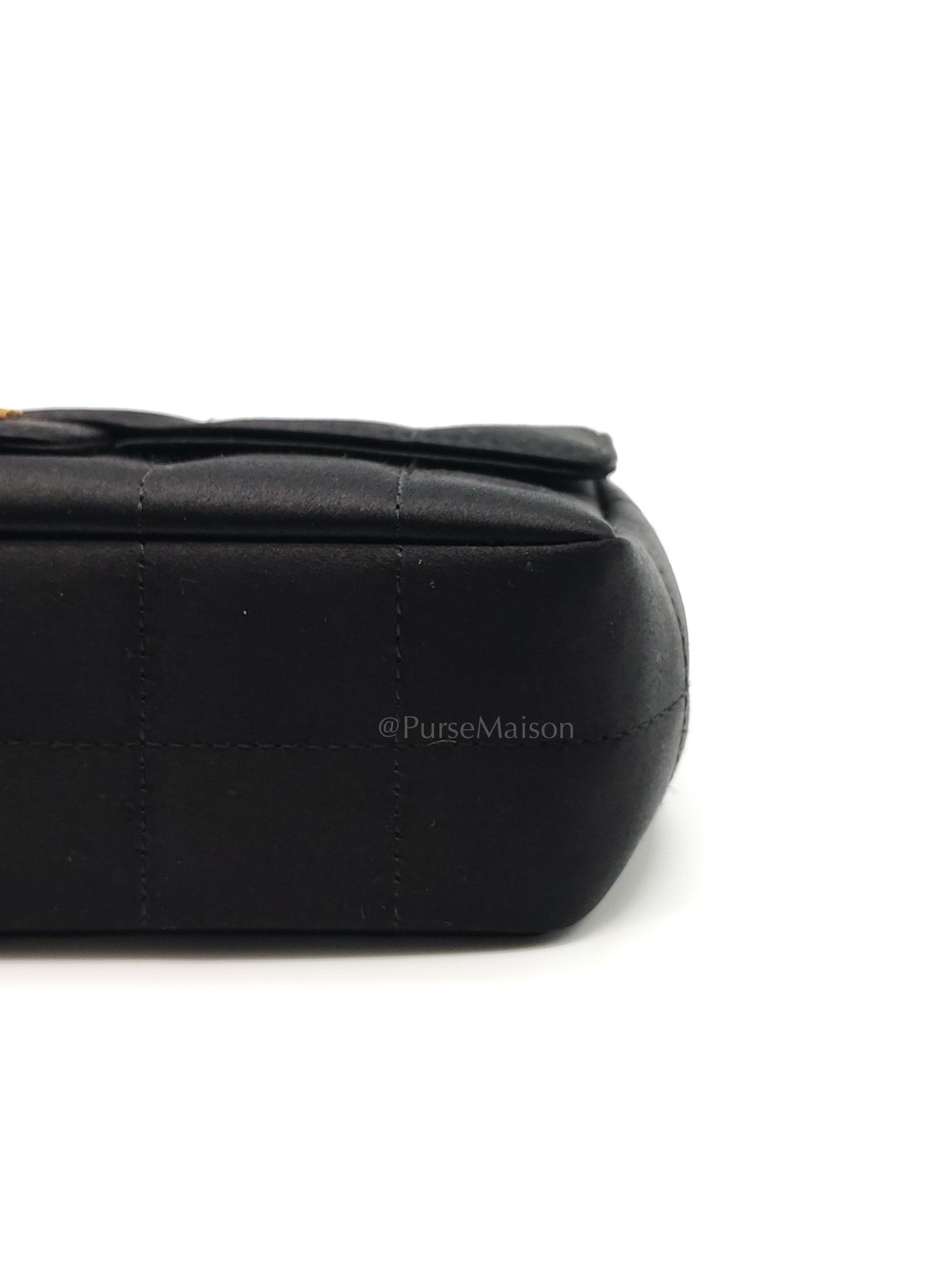 Camellia Satin Chocolate Bar Flap Bag Mini in Black Silk Fabric Leather & Gold Hardware Series 12