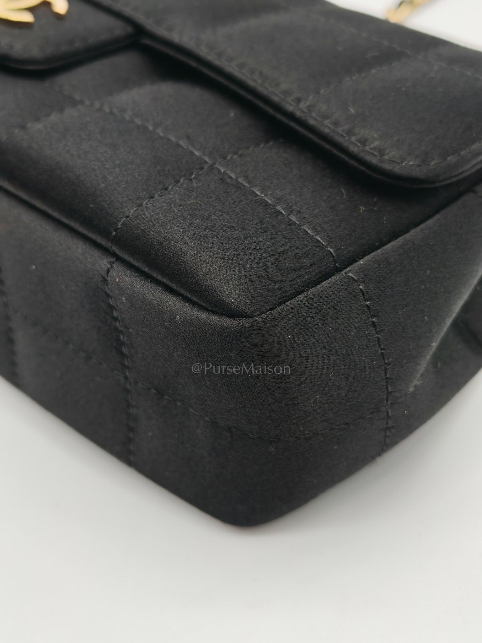 Camellia Satin Chocolate Bar Flap Bag Mini in Black Silk Fabric Leather & Gold Hardware Series 12