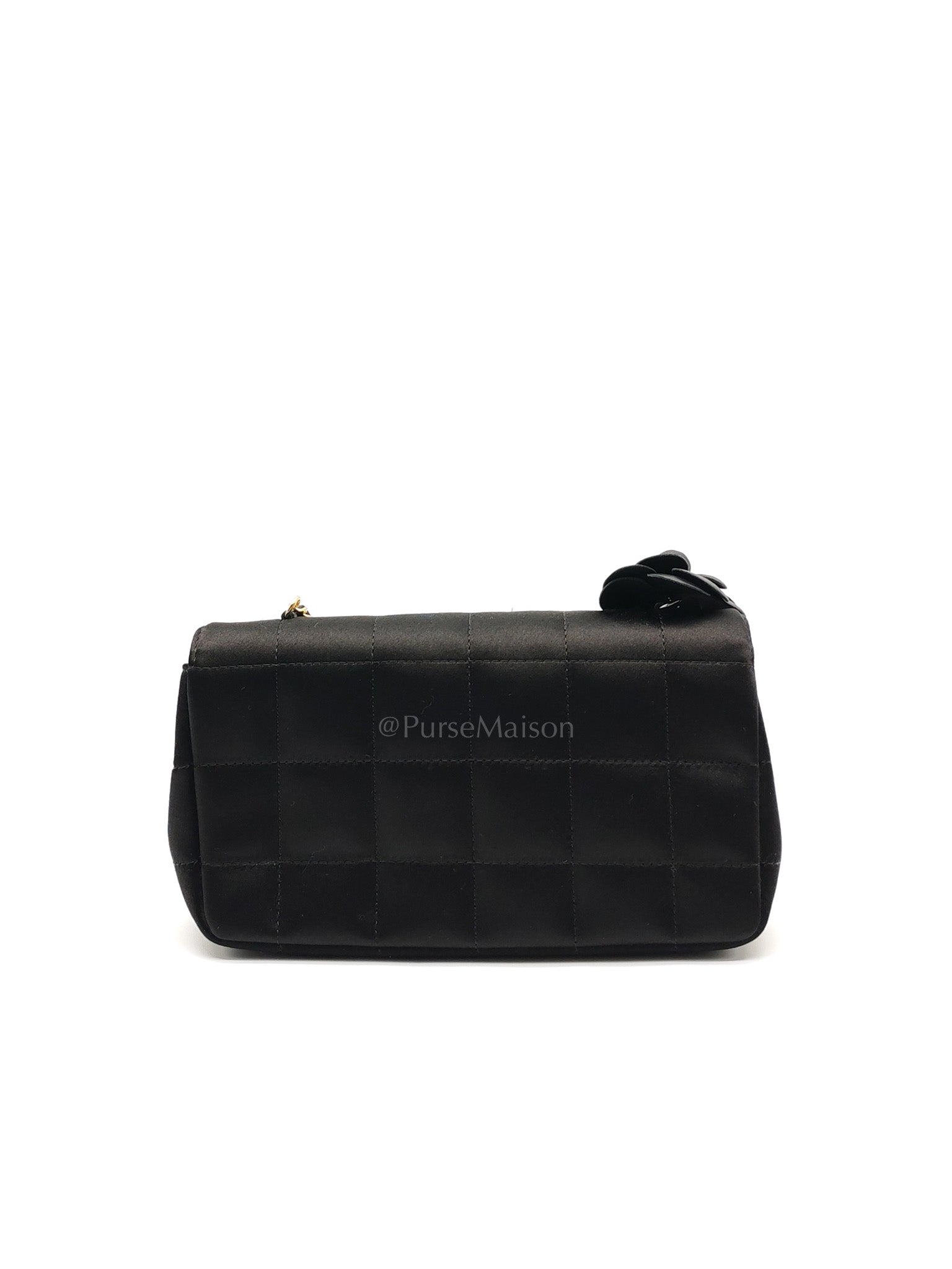 Camellia Satin Chocolate Bar Flap Bag Mini in Black Silk Fabric Leather & Gold Hardware Series 12