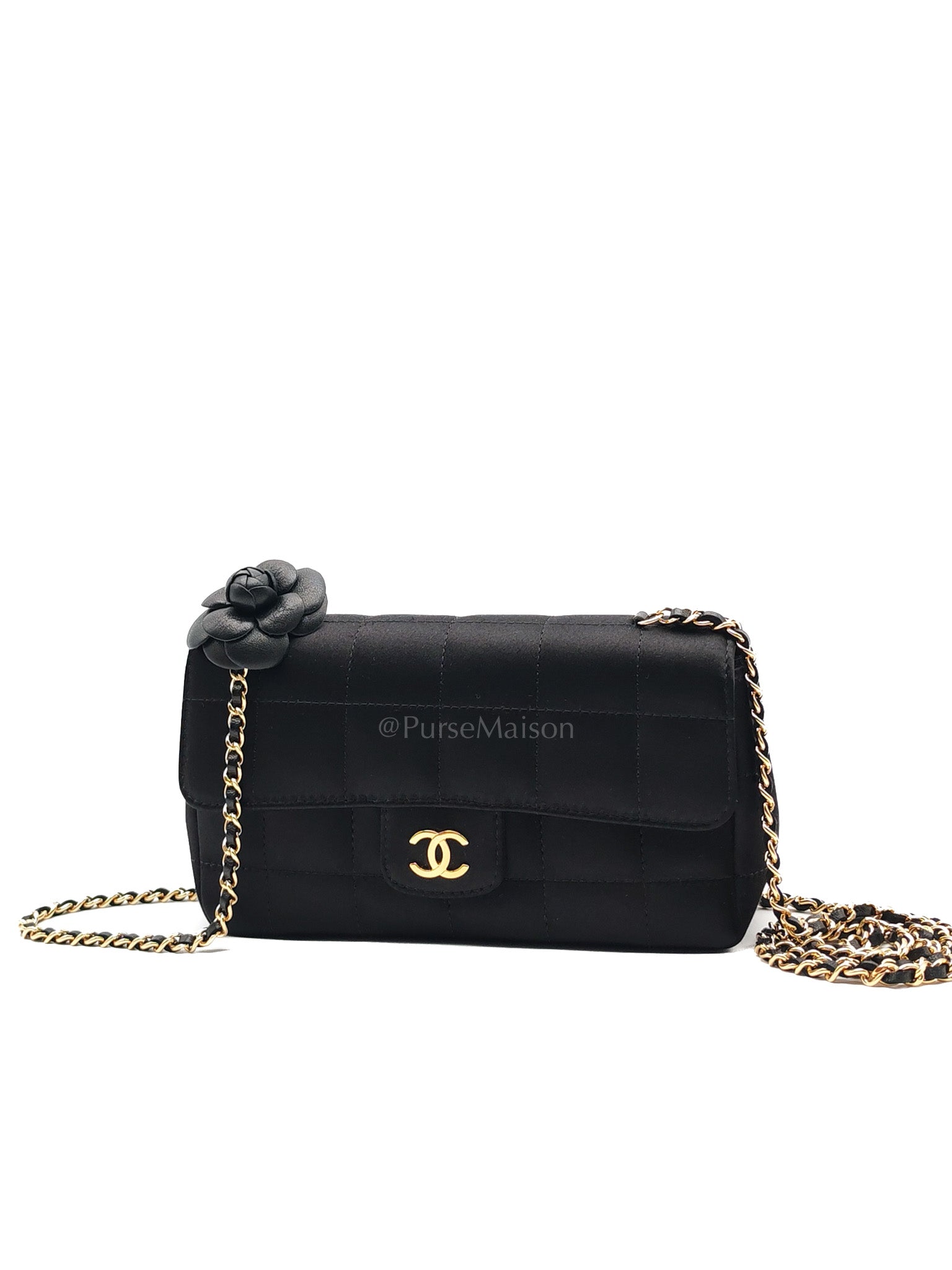 Camellia Satin Chocolate Bar Flap Bag Mini in Black Silk Fabric Leather & Gold Hardware Series 12