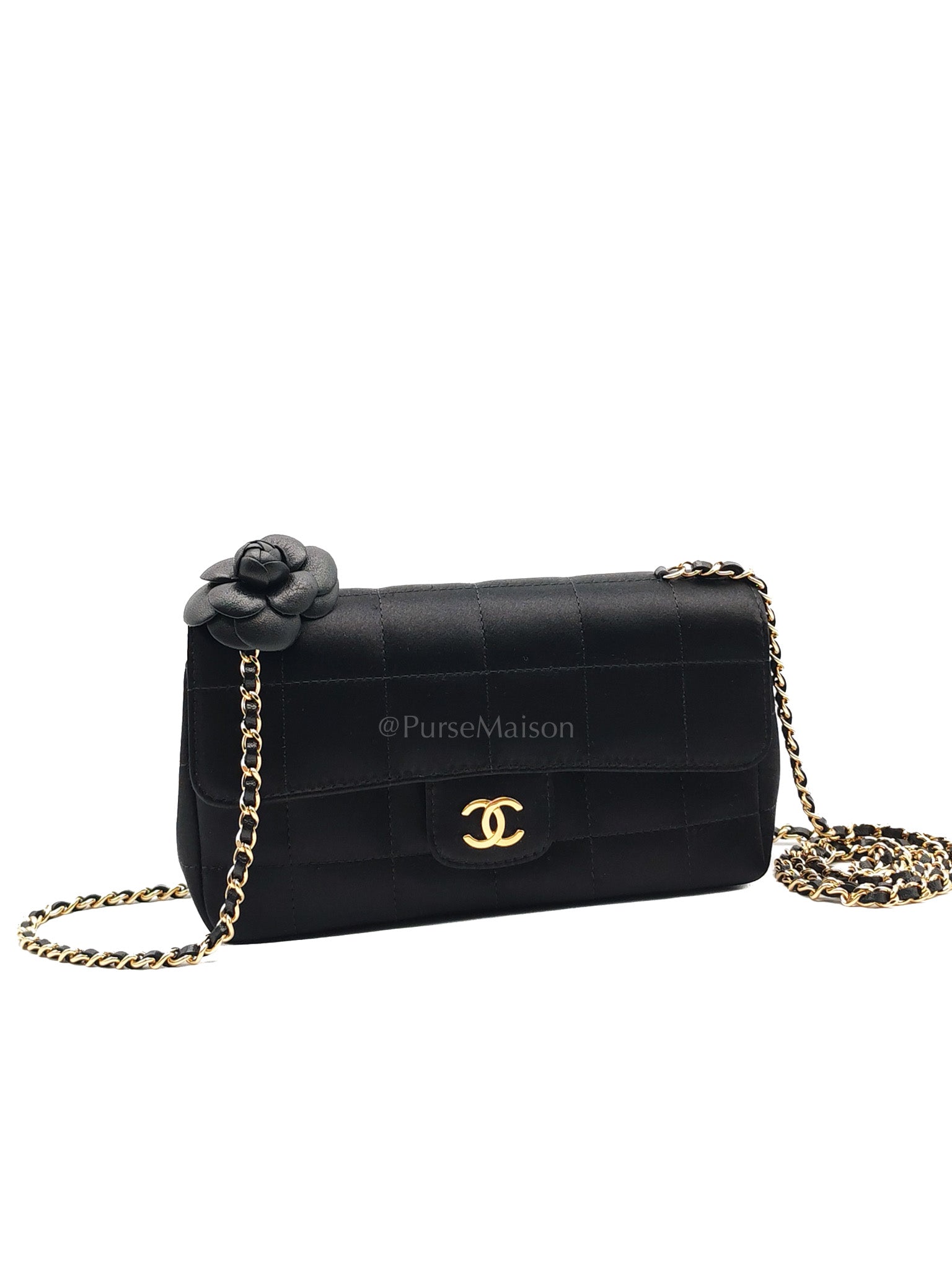 Camellia Satin Chocolate Bar Flap Bag Mini in Black Silk Fabric Leather & Gold Hardware Series 12