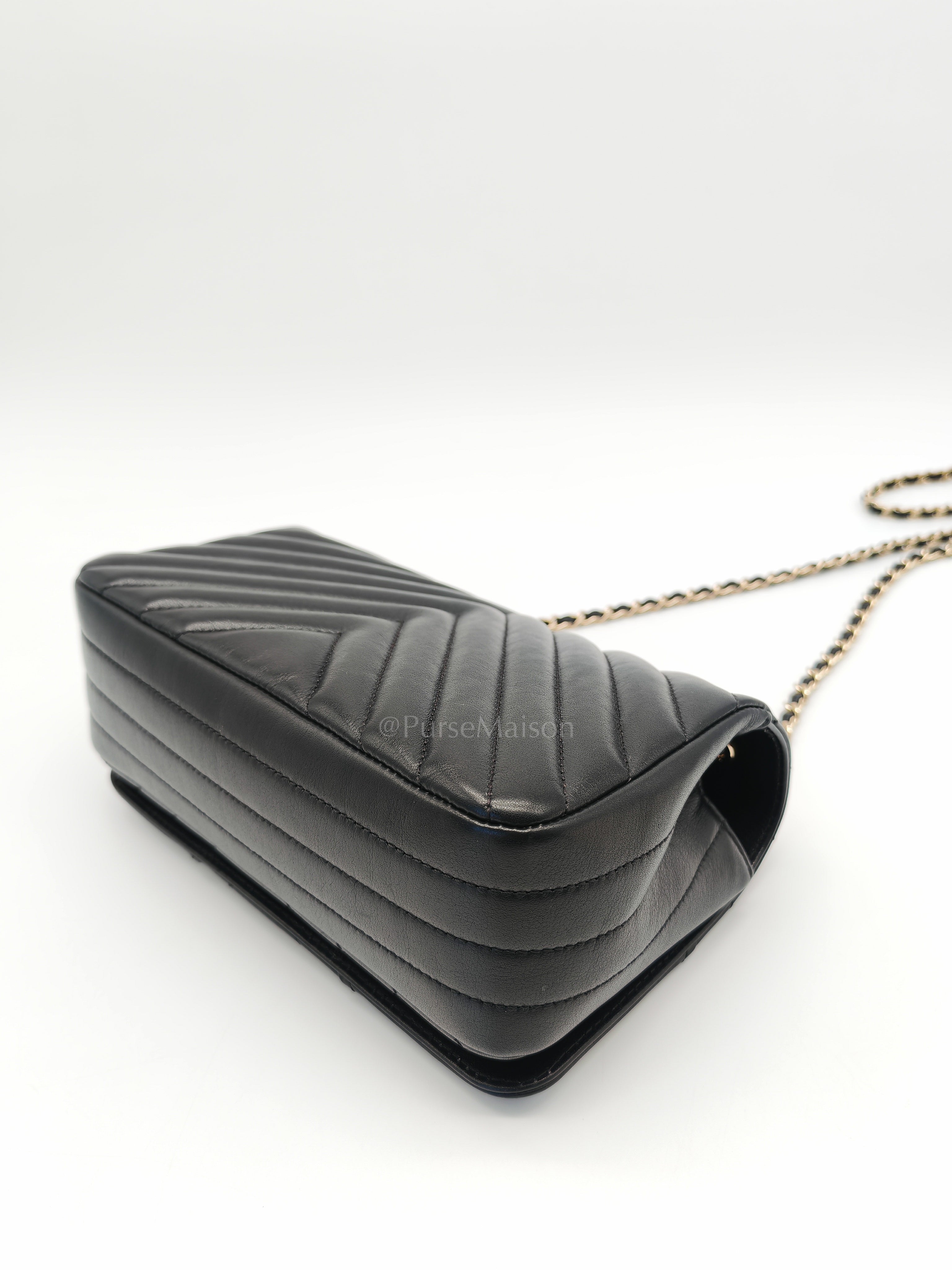 Statement Flap Small in Black Lambskin Leather Light Gold Hardware (Series 28) | Purse Maison Luxury Bags Shop