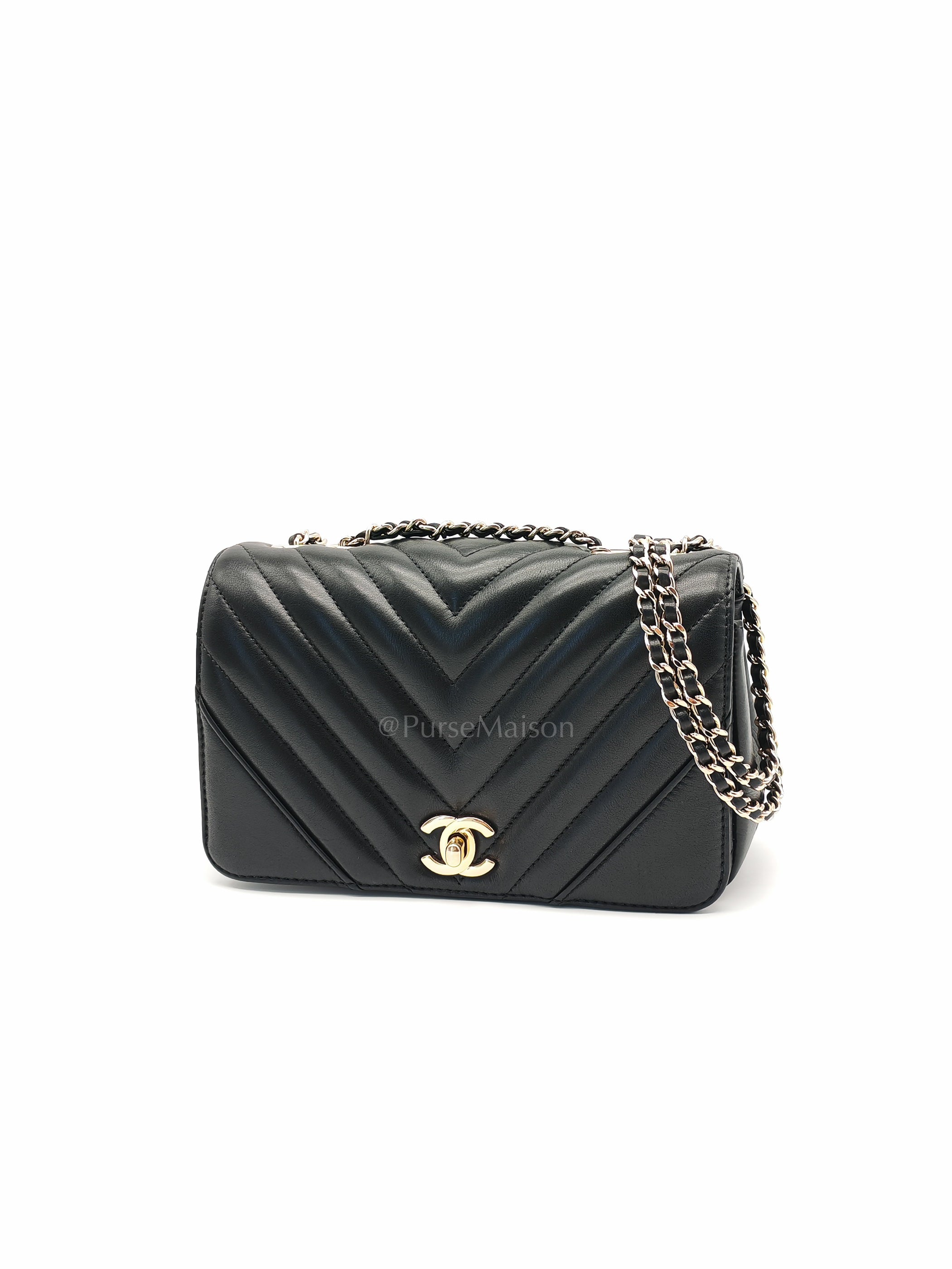 Statement Flap Small in Black Lambskin Leather Light Gold Hardware (Series 28) | Purse Maison Luxury Bags Shop