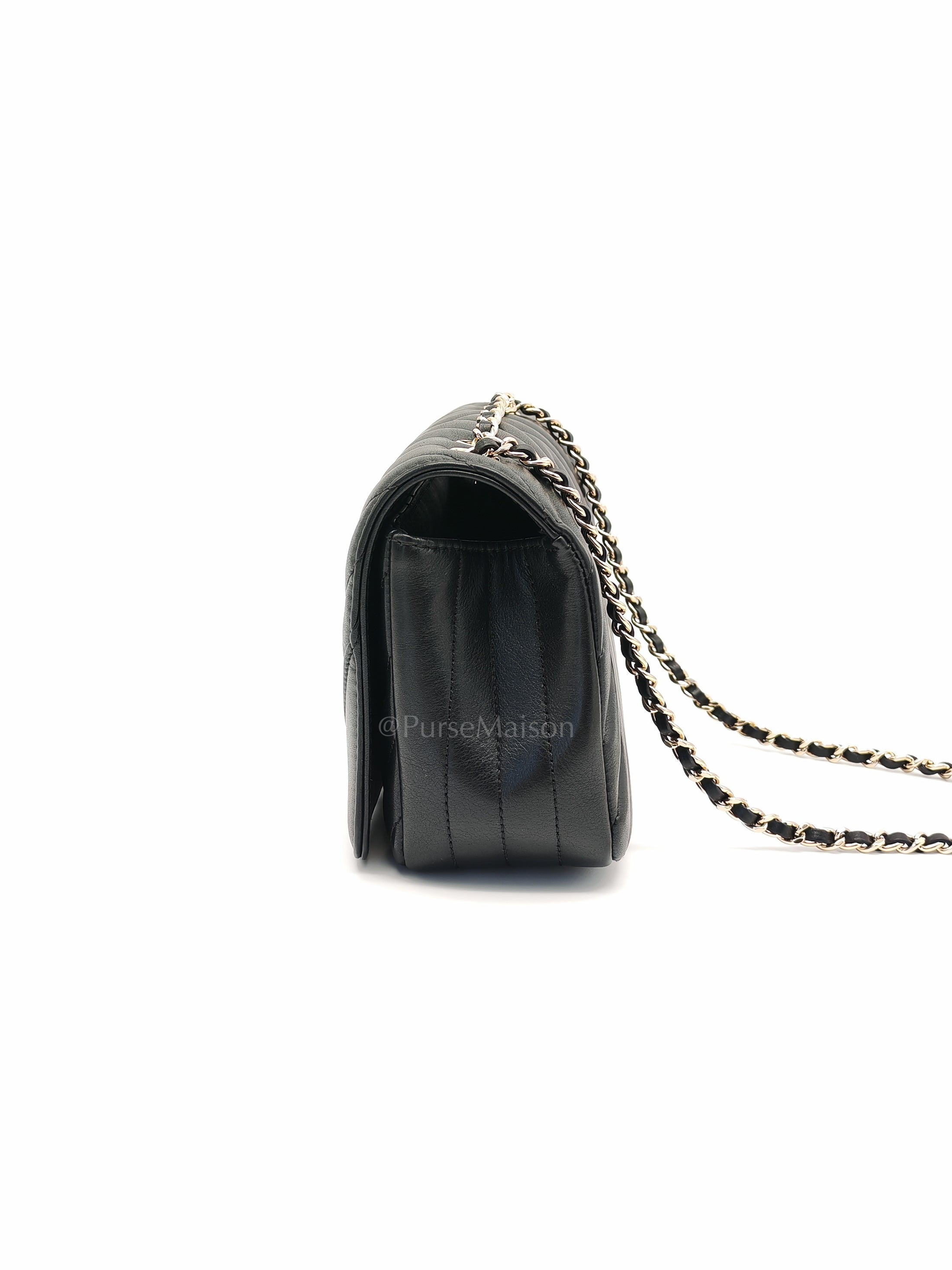 Statement Flap Small in Black Lambskin Leather Light Gold Hardware (Series 28) | Purse Maison Luxury Bags Shop