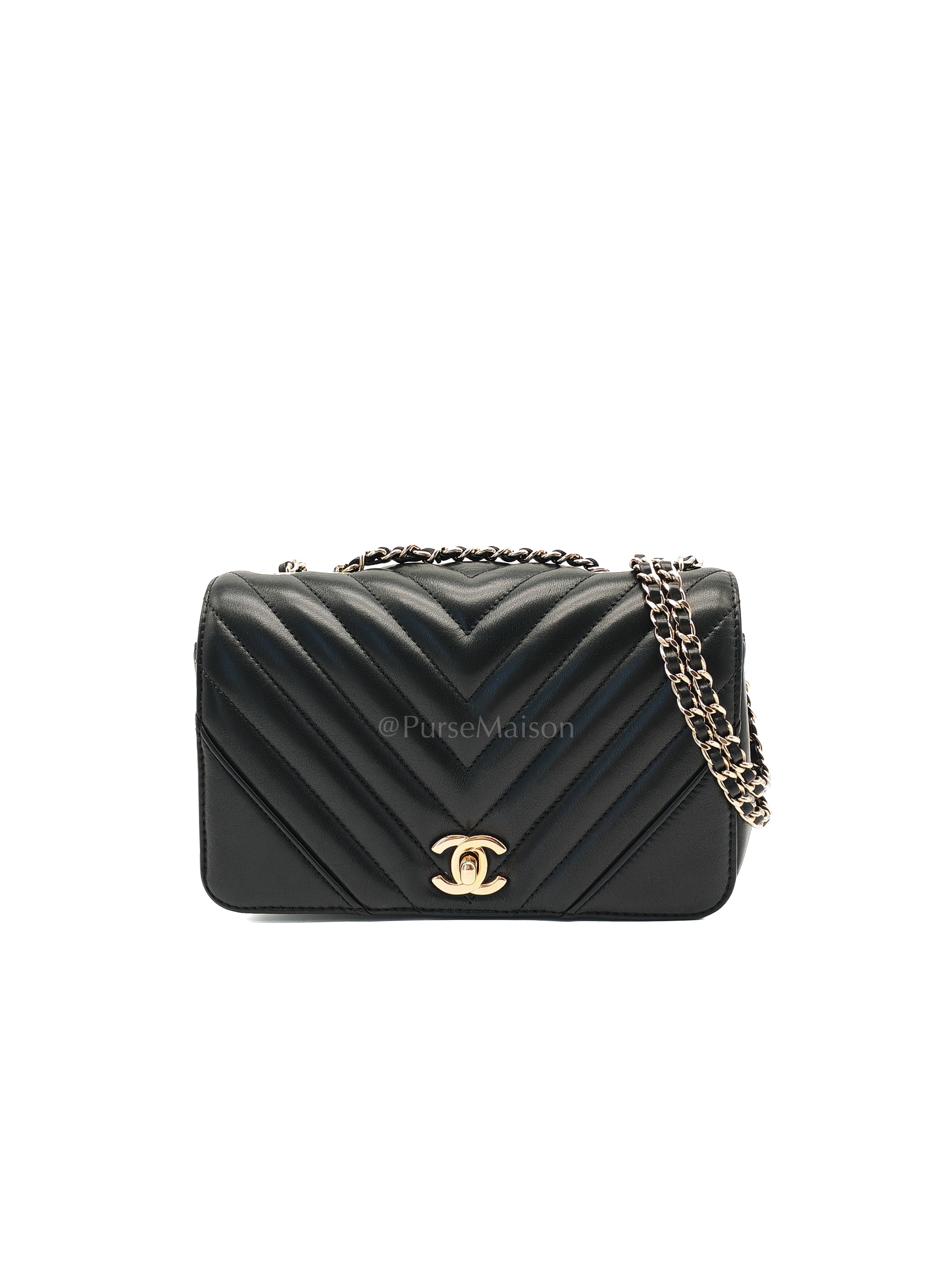 Statement Flap Small in Black Lambskin Leather Light Gold Hardware (Series 28) | Purse Maison Luxury Bags Shop
