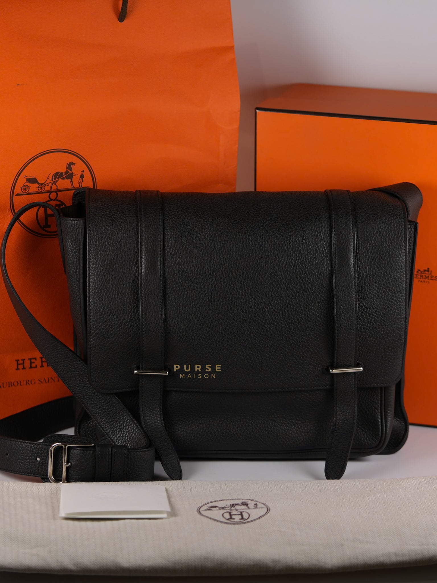 Steve Messenger 35 in Noir & Etoupe Clemence Leather Palladium Hardware Stamp X(2016) | Purse Maison Luxury Bags Shop