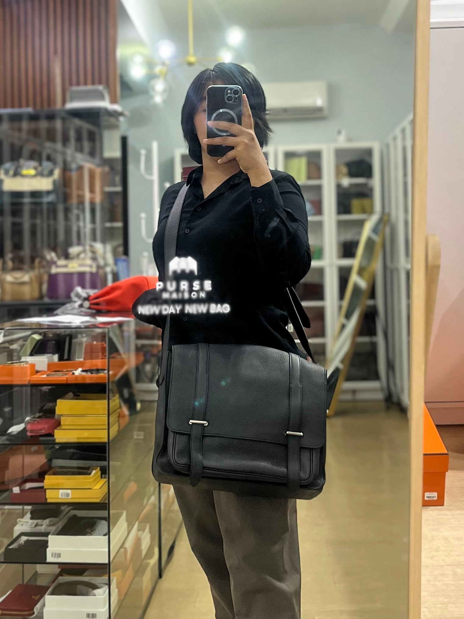 Steve Messenger 35 in Noir & Etoupe Clemence Leather Palladium Hardware Stamp X(2016) | Purse Maison Luxury Bags Shop