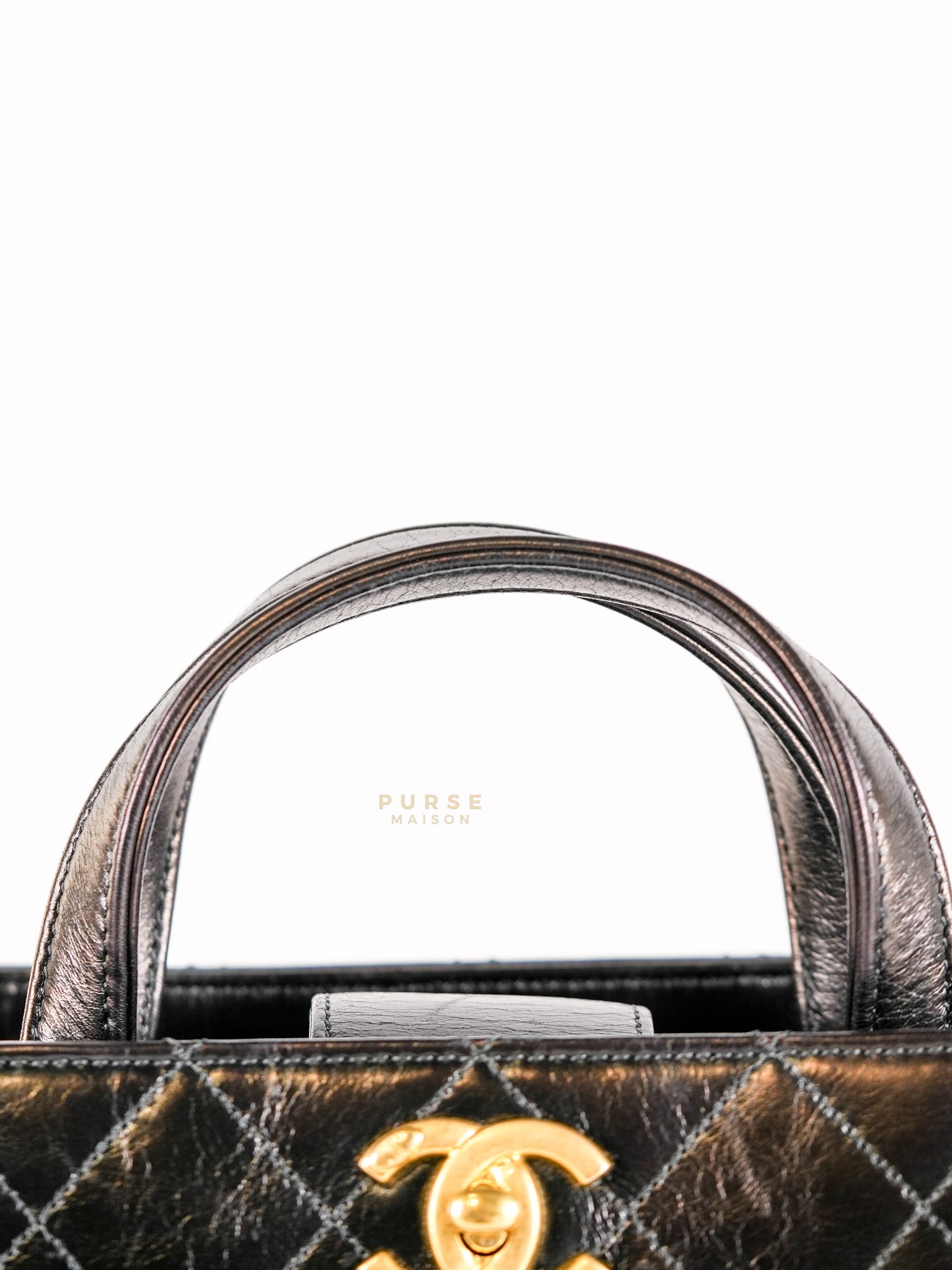 Straight Lined Shopper 2way Bag in Black Leather & Aged Gold Hardware Series 23 | Purse Maison Luxury Bags Shop