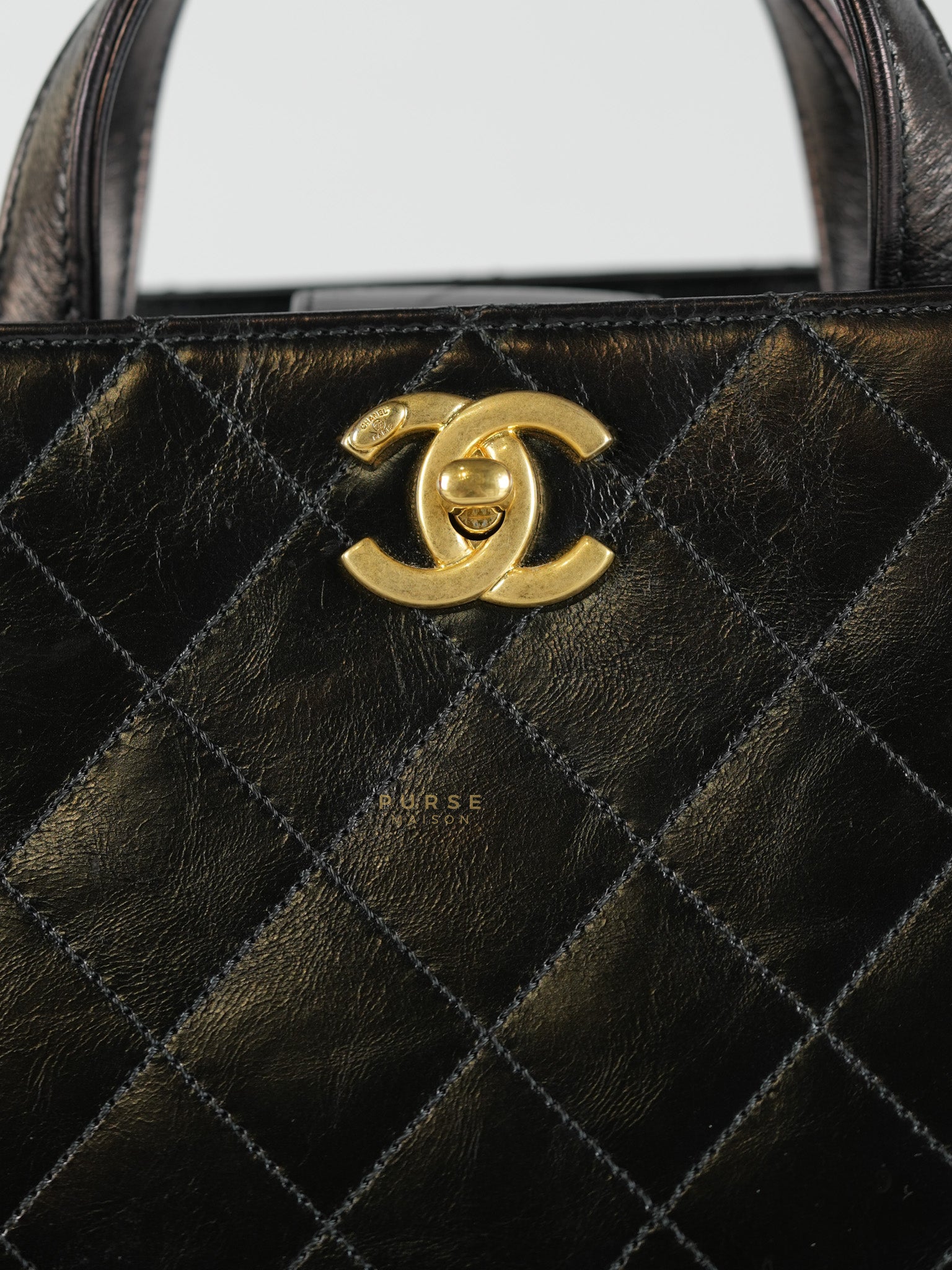 Straight Lined Shopper 2way Bag in Black Leather & Aged Gold Hardware Series 23 | Purse Maison Luxury Bags Shop