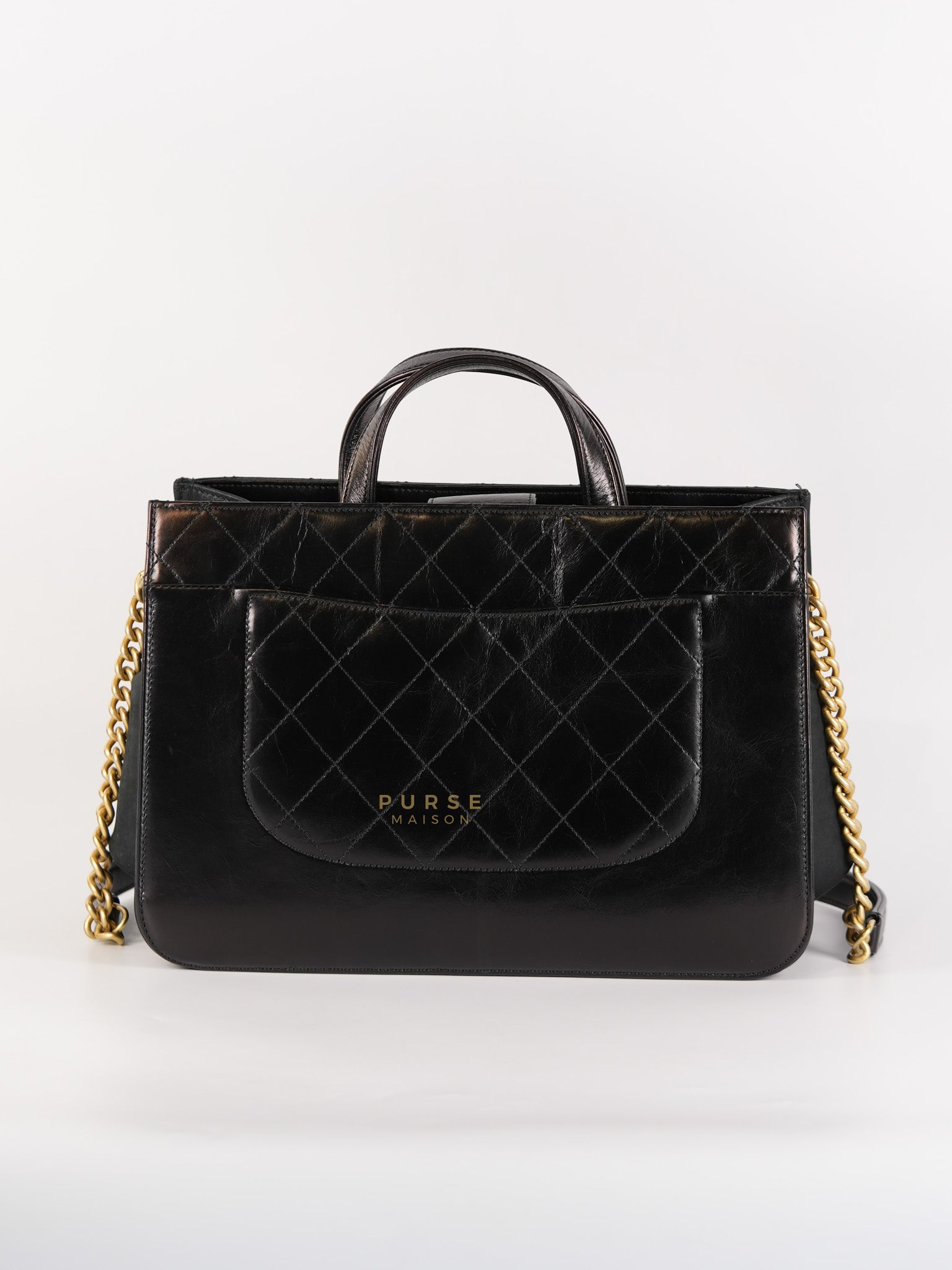 Straight Lined Shopper 2way Bag in Black Leather & Aged Gold Hardware Series 23 | Purse Maison Luxury Bags Shop