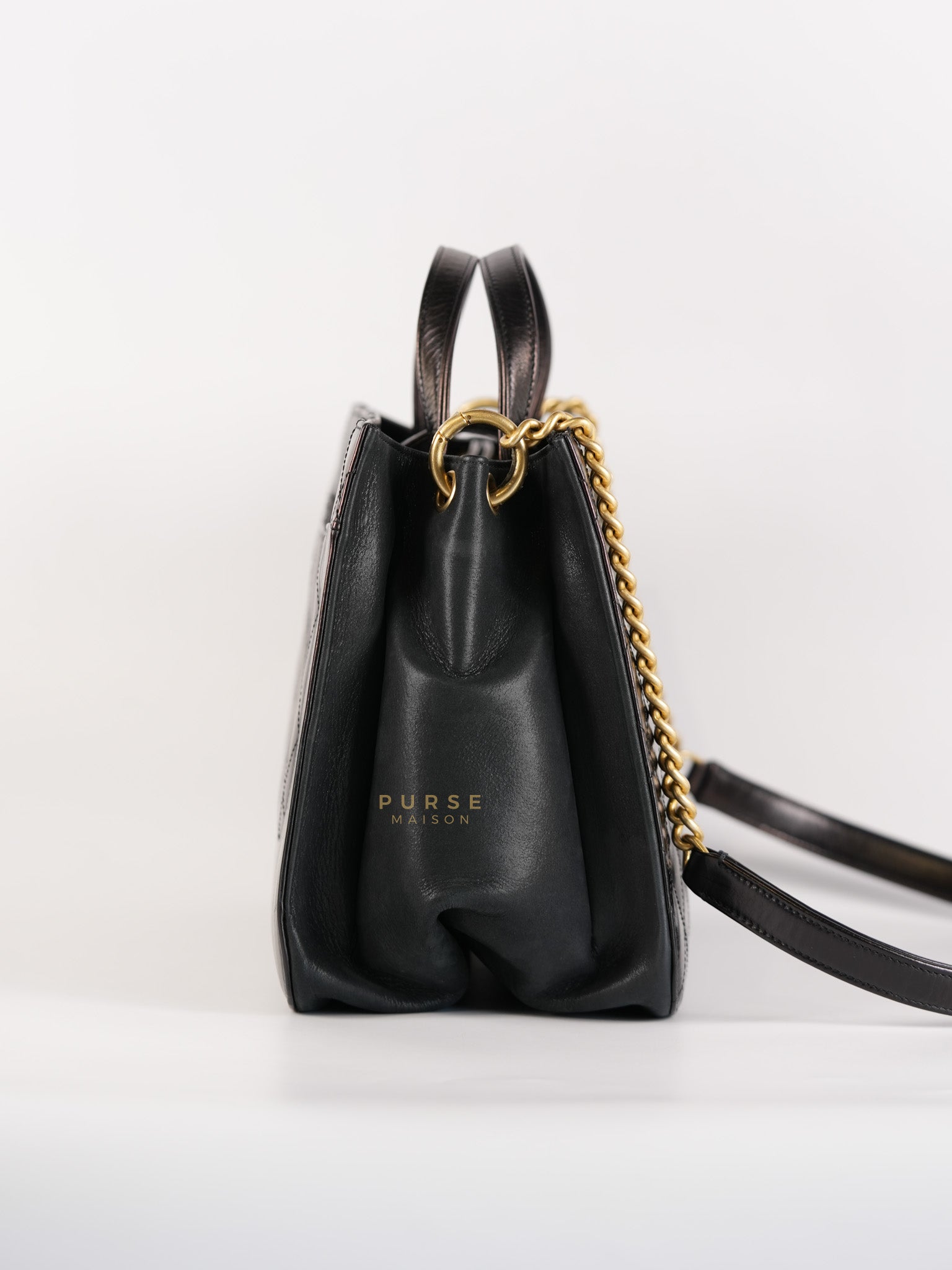 Straight Lined Shopper 2way Bag in Black Leather & Aged Gold Hardware Series 23 | Purse Maison Luxury Bags Shop