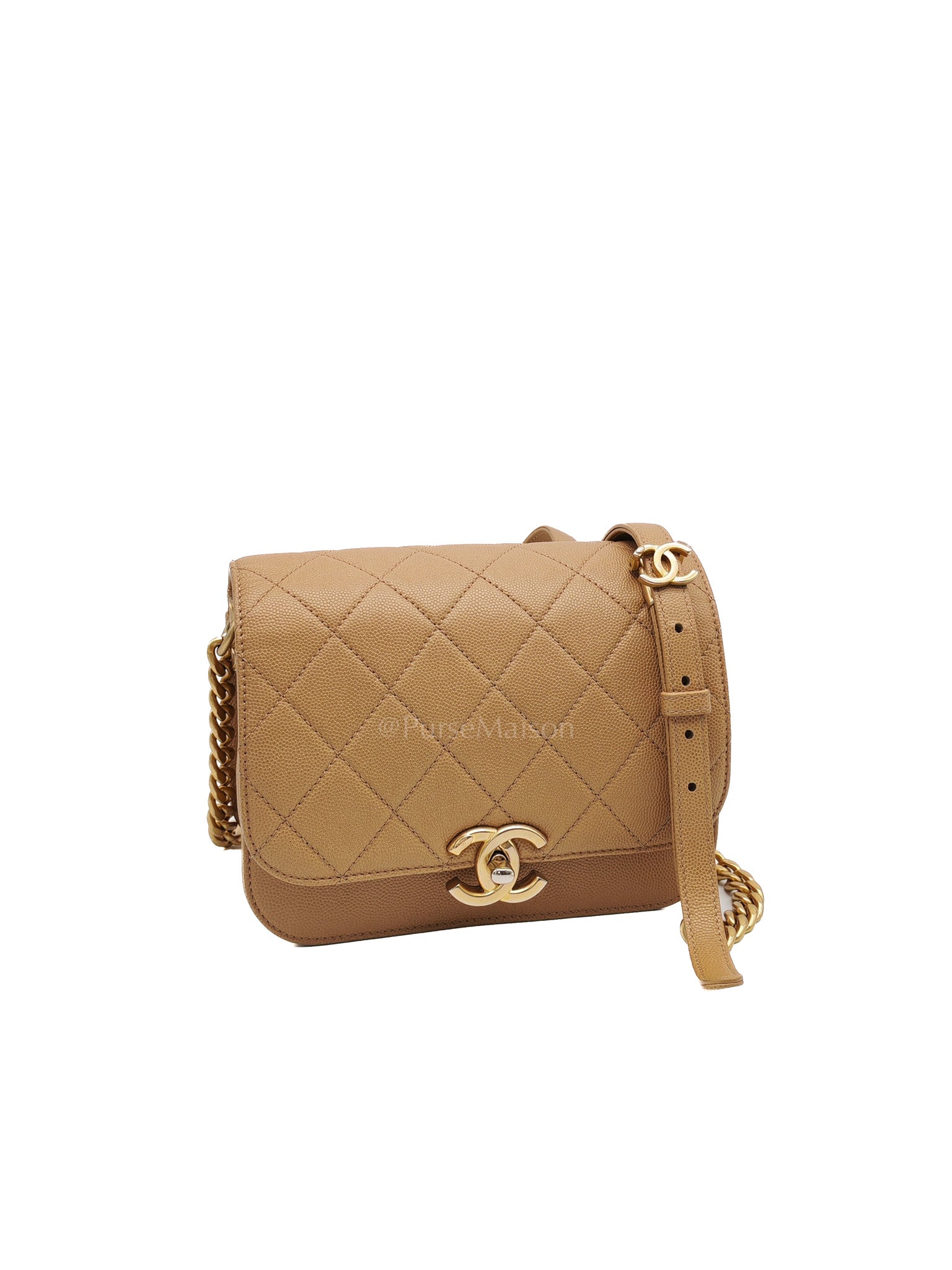 21k Messenger Bag Small in Dark Biege Caviar Leather Aged Gold Hardware (Microchip)