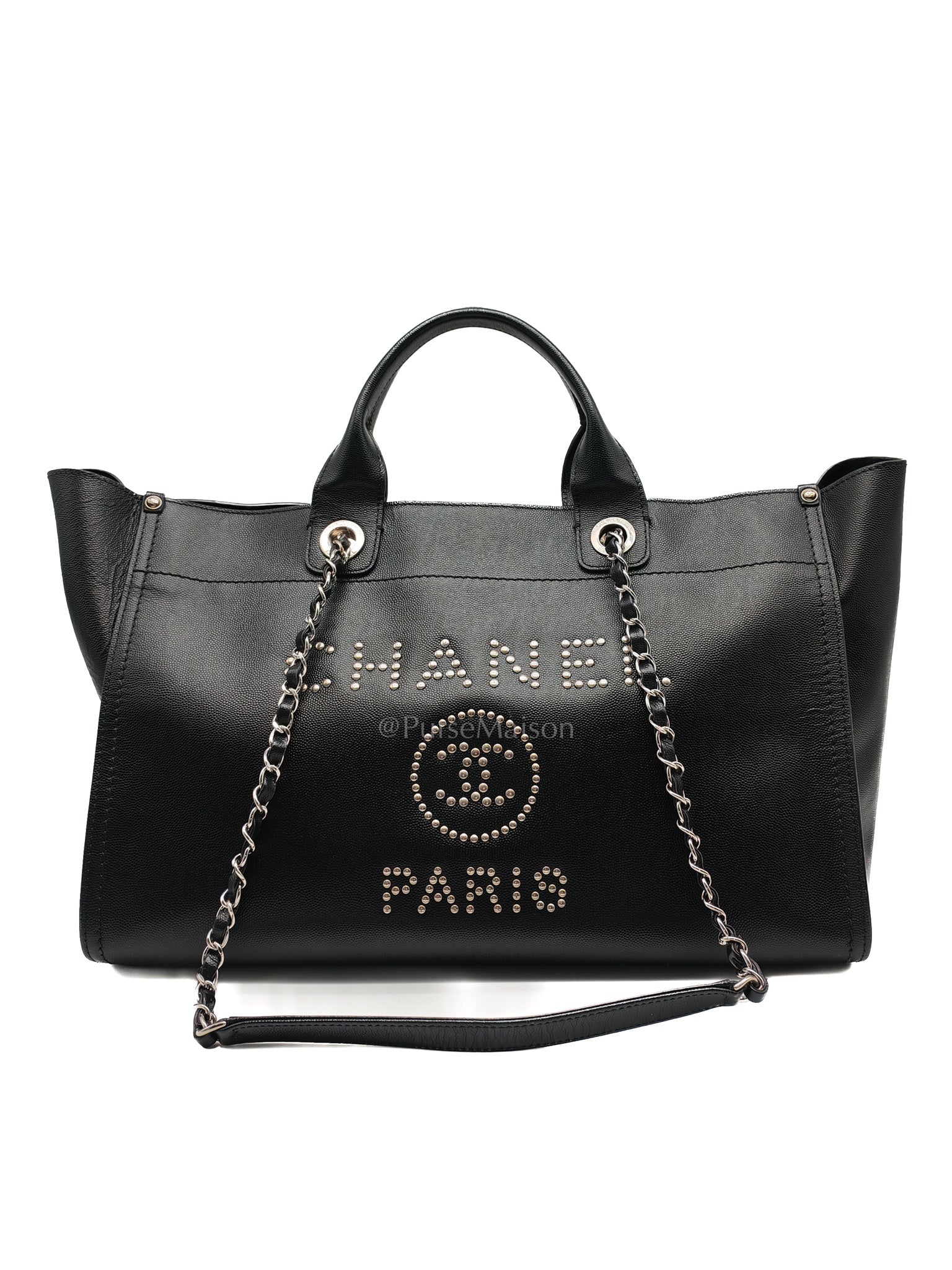 Chanel Studded Deauville Tote Bag Large in Black Caviar Leather Silver Hardware (Series 25)
