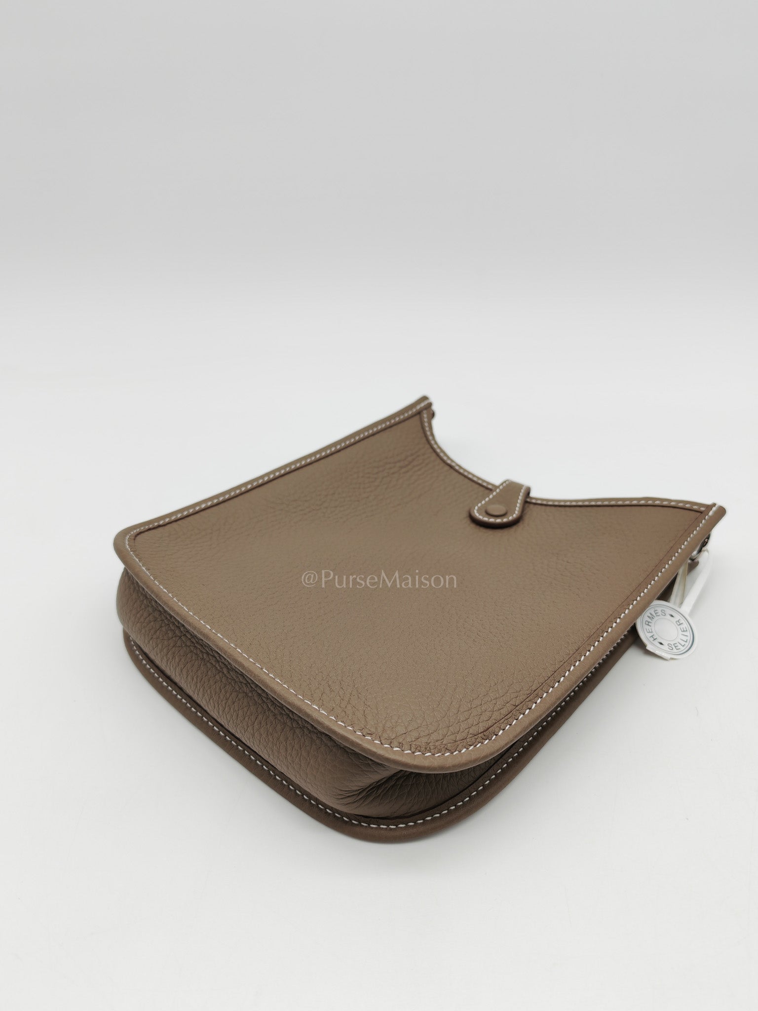 Hermes Evelyne 16 Amazone in Etoupe Clemence Leather with Navy Blue Strap Palladium Hardware Stamp K(2025)
