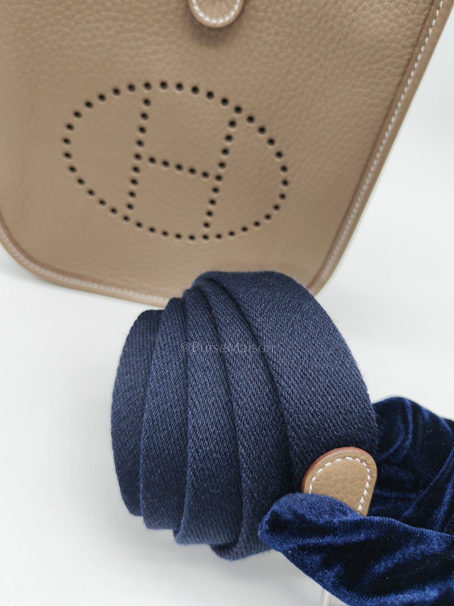 Hermes Evelyne 16 Amazone in Etoupe Clemence Leather with Navy Blue Strap Palladium Hardware Stamp K(2025)