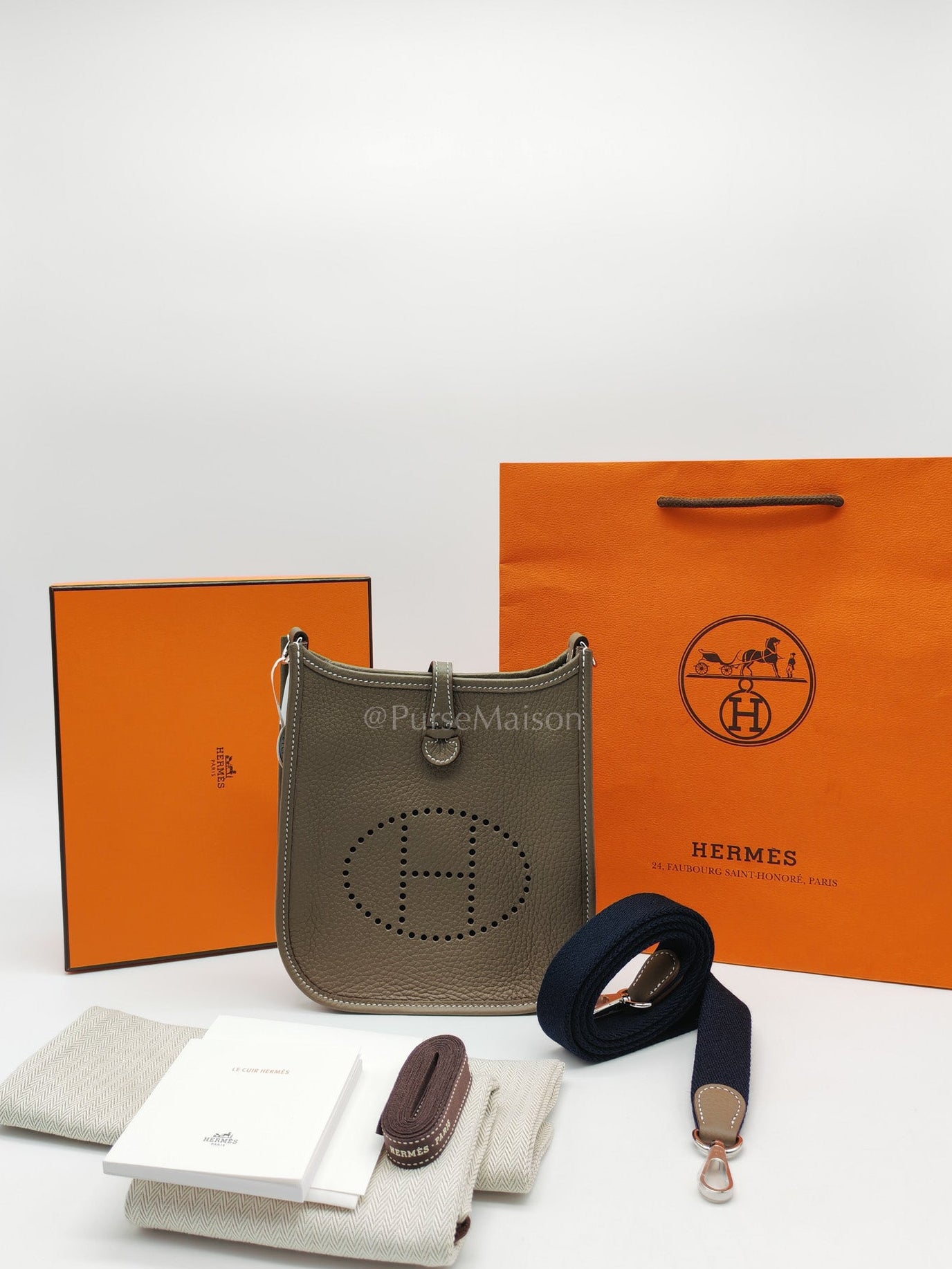 Hermes Evelyne 16 Amazone in Etoupe Clemence Leather with Navy Blue Strap Palladium Hardware Stamp K(2025)