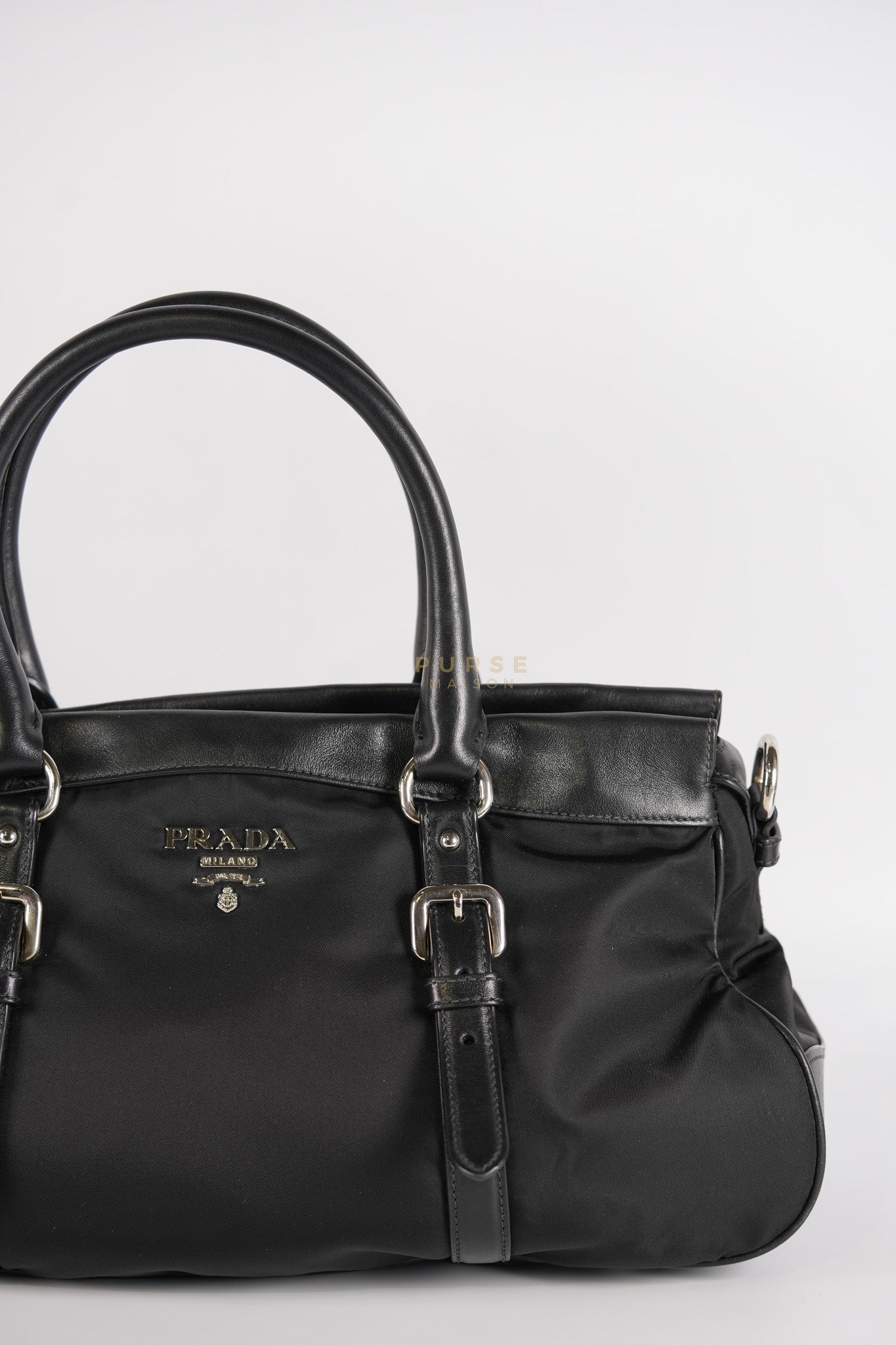 Tessuto Nylon Top Handle Shoulder Bag in Black and Silver Hardware | Purse Maison Luxury Bags Shop