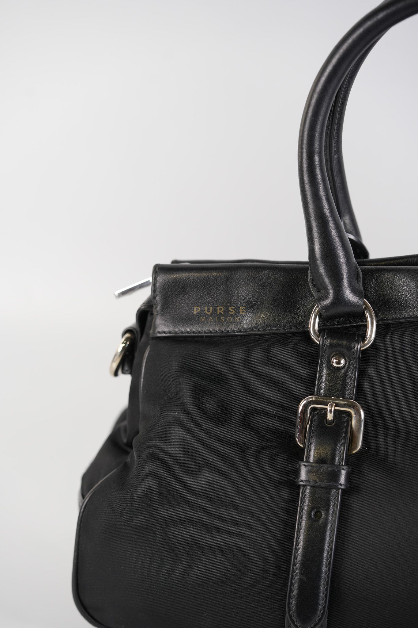 Tessuto Nylon Top Handle Shoulder Bag in Black and Silver Hardware | Purse Maison Luxury Bags Shop
