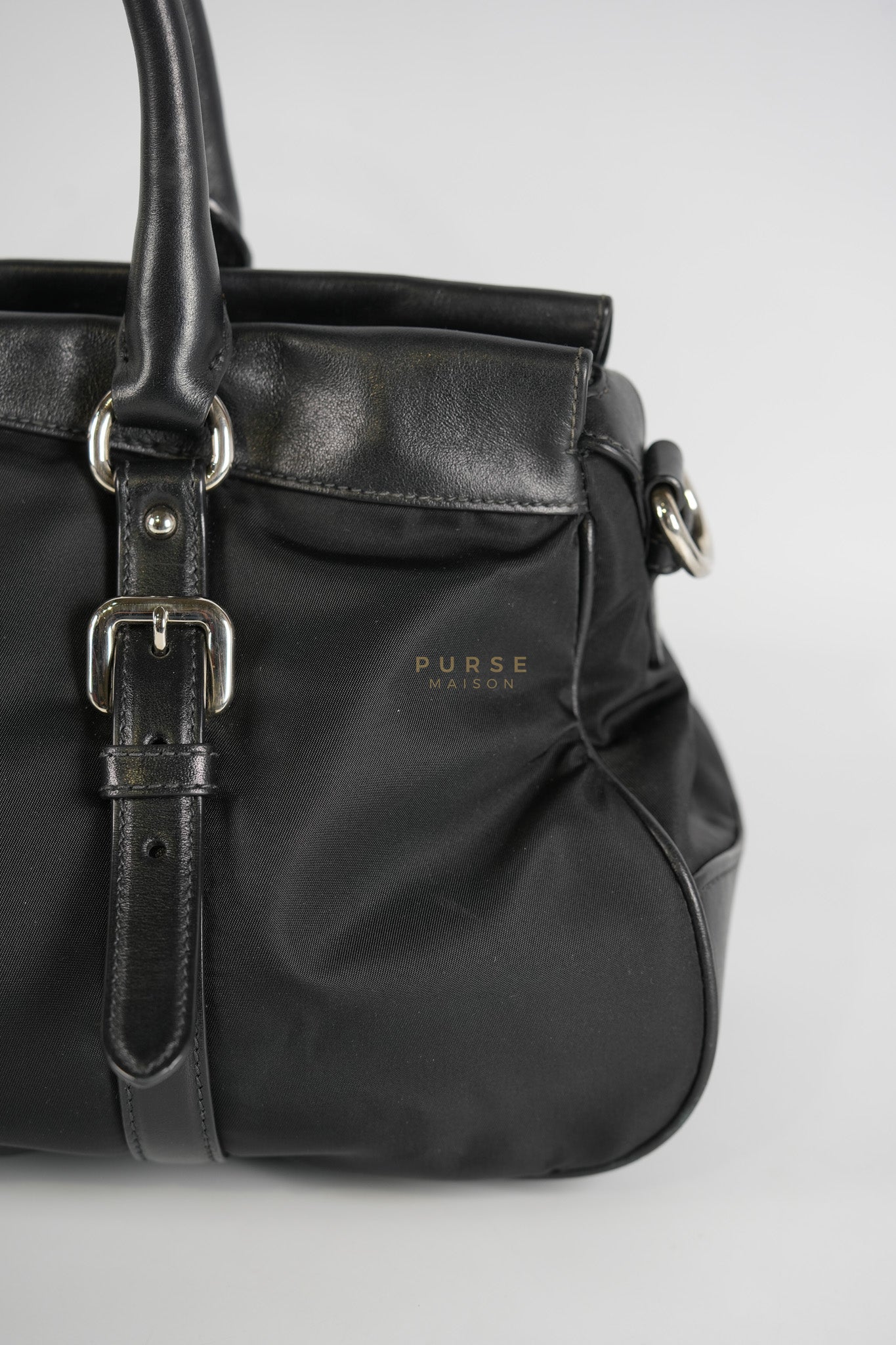 Tessuto Nylon Top Handle Shoulder Bag in Black and Silver Hardware | Purse Maison Luxury Bags Shop