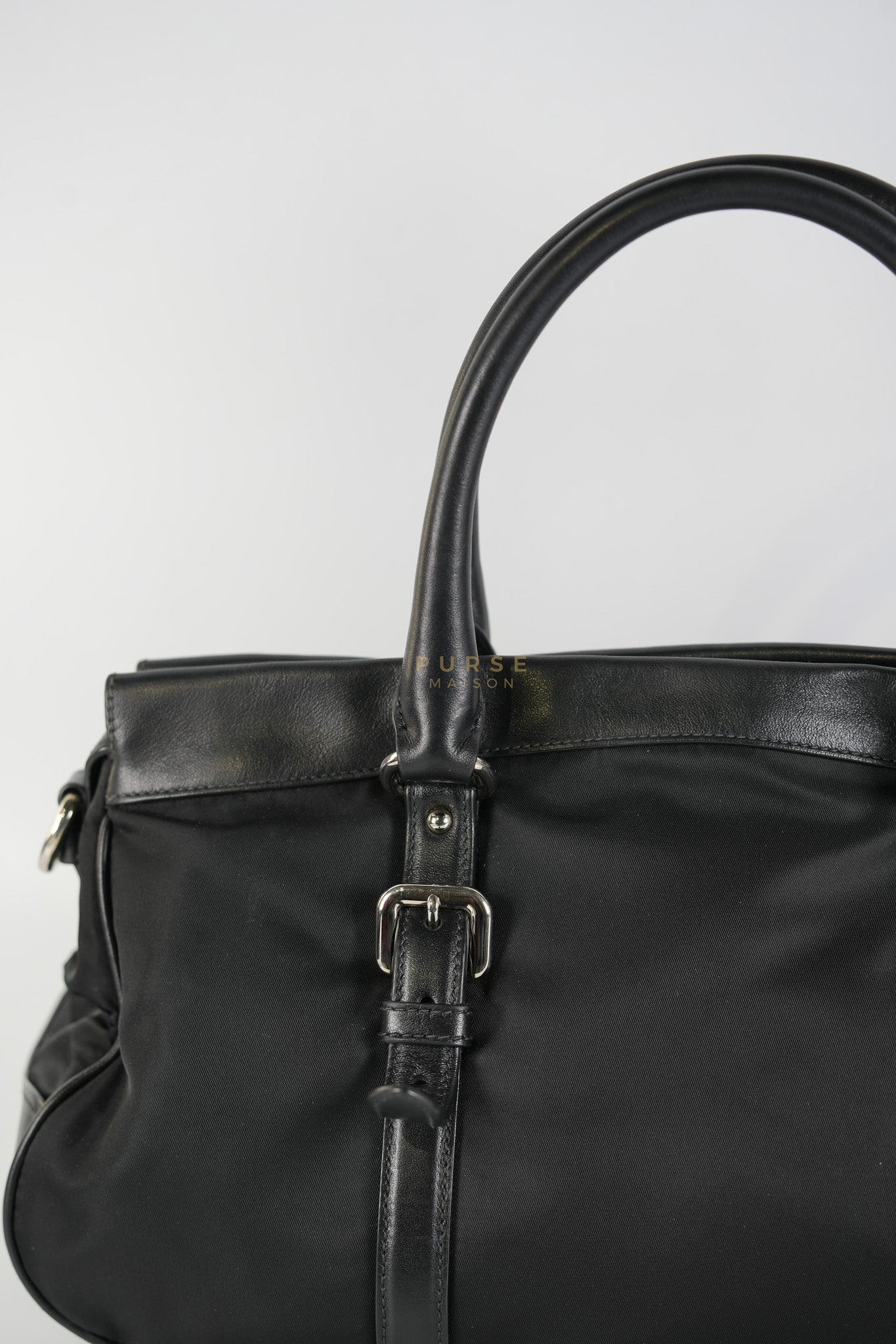 Tessuto Nylon Top Handle Shoulder Bag in Black and Silver Hardware | Purse Maison Luxury Bags Shop