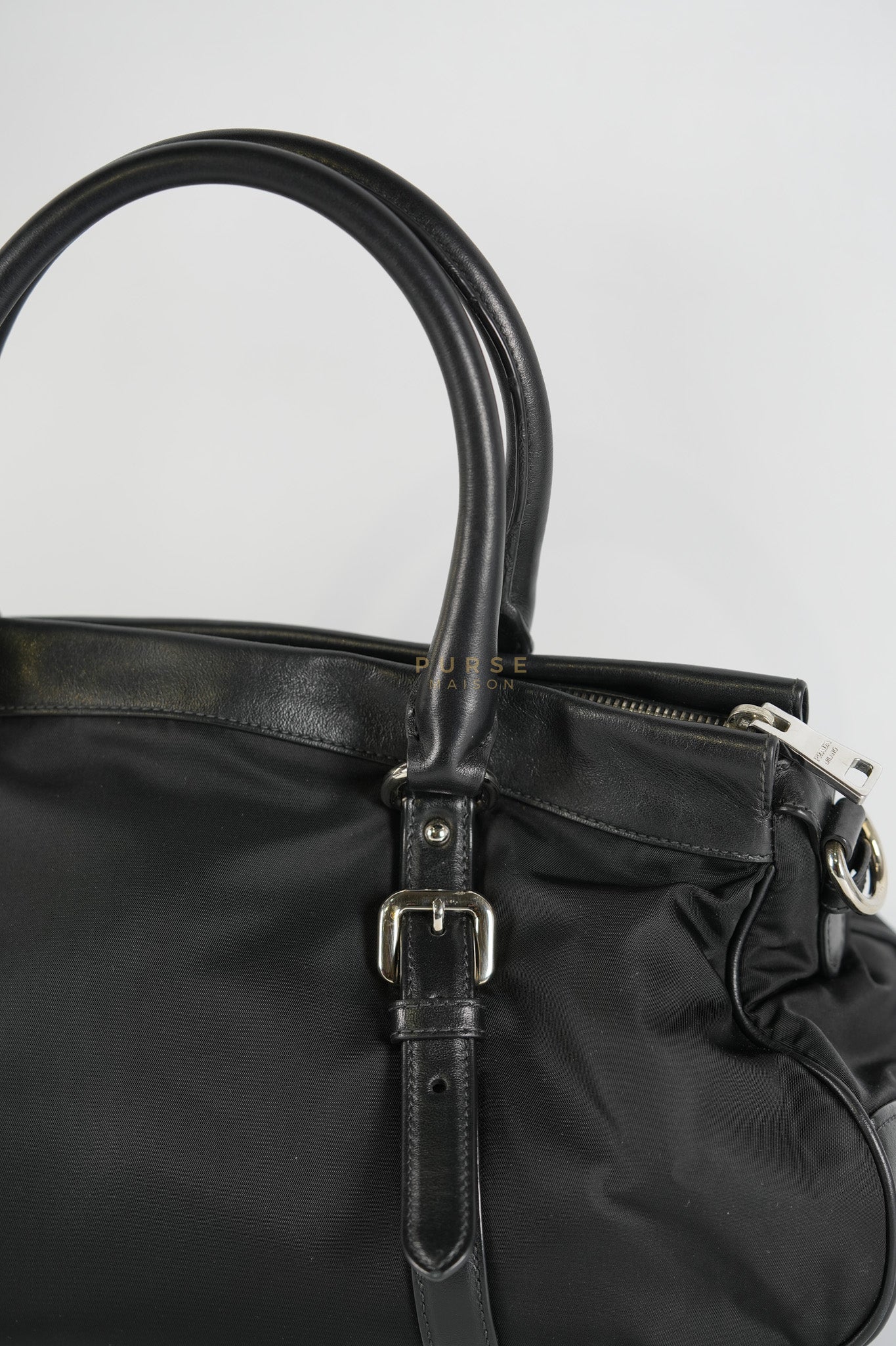 Tessuto Nylon Top Handle Shoulder Bag in Black and Silver Hardware | Purse Maison Luxury Bags Shop