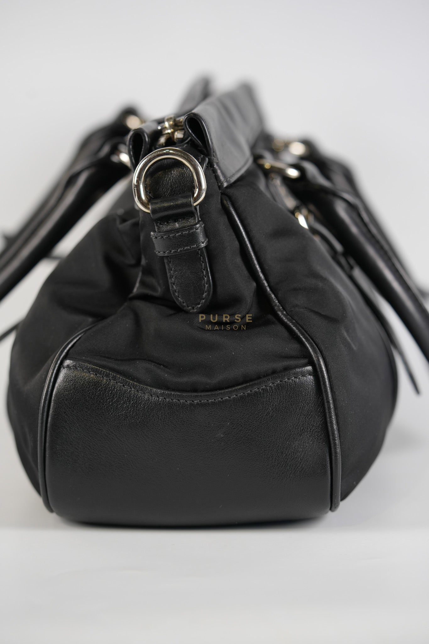 Tessuto Nylon Top Handle Shoulder Bag in Black and Silver Hardware | Purse Maison Luxury Bags Shop