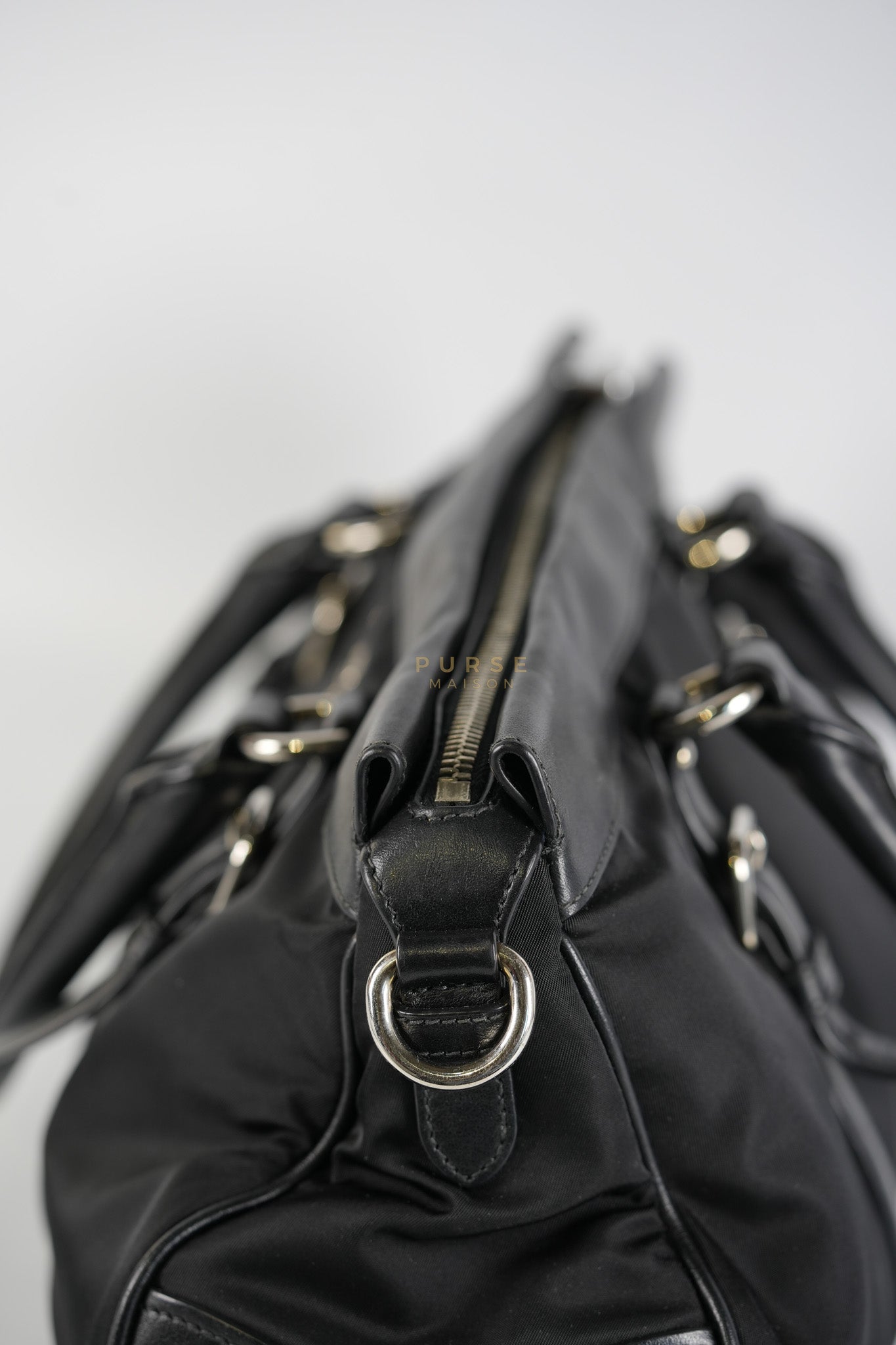 Tessuto Nylon Top Handle Shoulder Bag in Black and Silver Hardware | Purse Maison Luxury Bags Shop