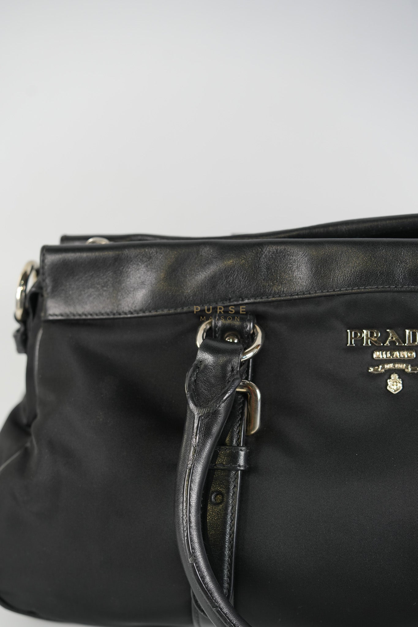 Tessuto Nylon Top Handle Shoulder Bag in Black and Silver Hardware | Purse Maison Luxury Bags Shop