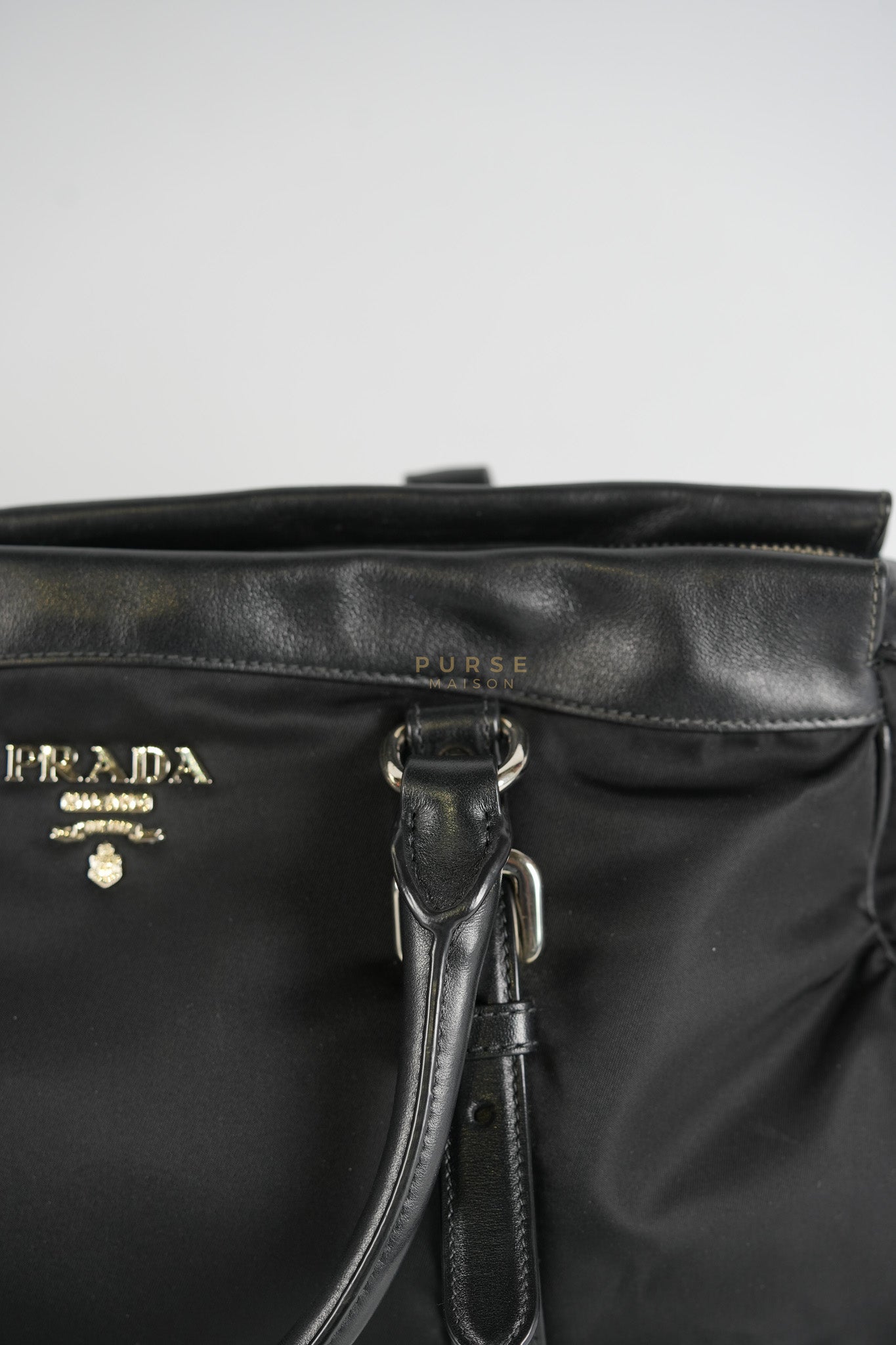Tessuto Nylon Top Handle Shoulder Bag in Black and Silver Hardware | Purse Maison Luxury Bags Shop