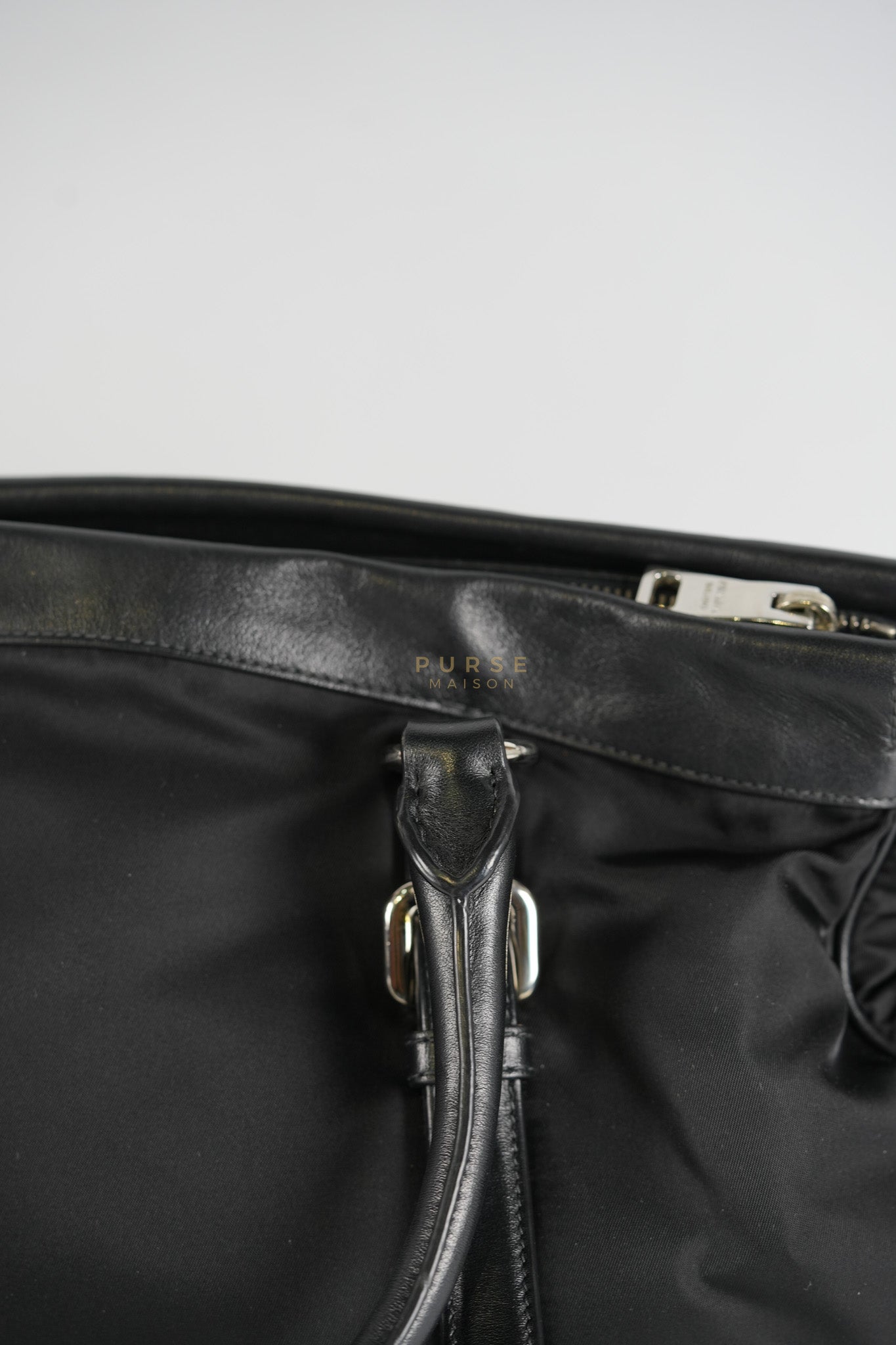 Tessuto Nylon Top Handle Shoulder Bag in Black and Silver Hardware | Purse Maison Luxury Bags Shop