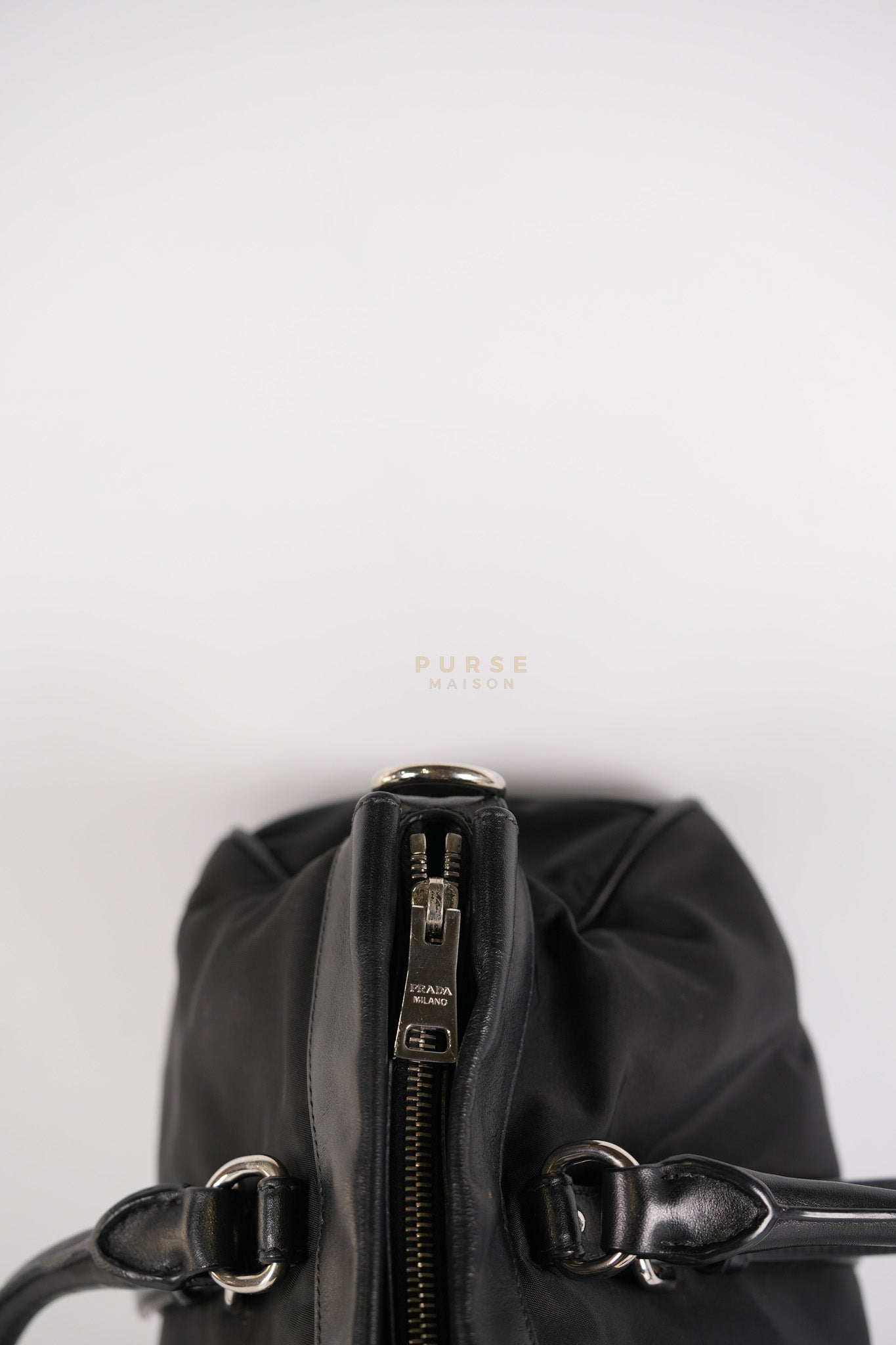 Tessuto Nylon Top Handle Shoulder Bag in Black and Silver Hardware | Purse Maison Luxury Bags Shop
