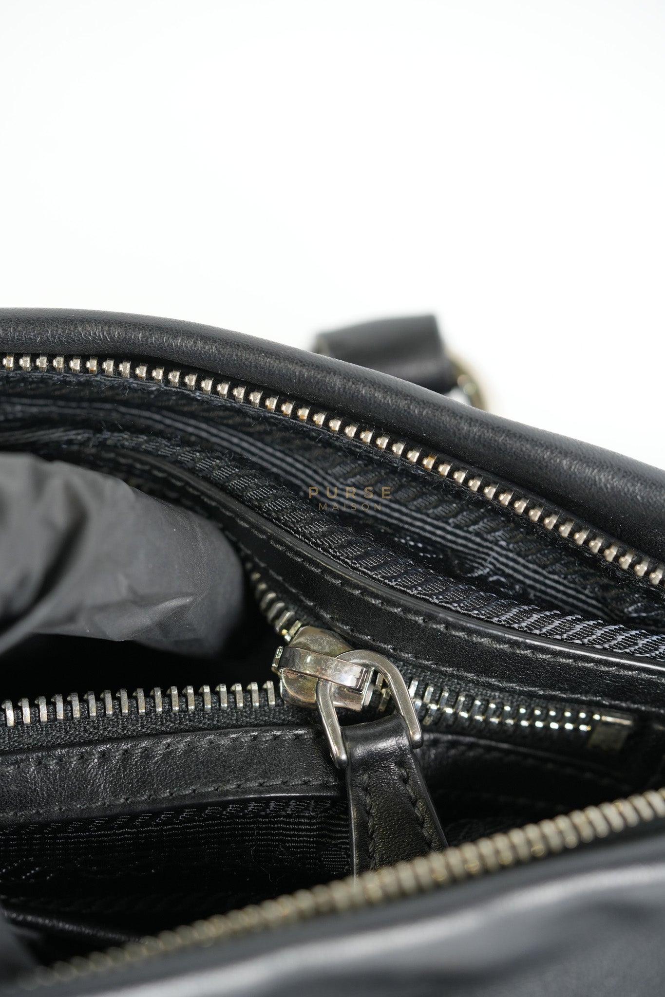 Tessuto Nylon Top Handle Shoulder Bag in Black and Silver Hardware | Purse Maison Luxury Bags Shop