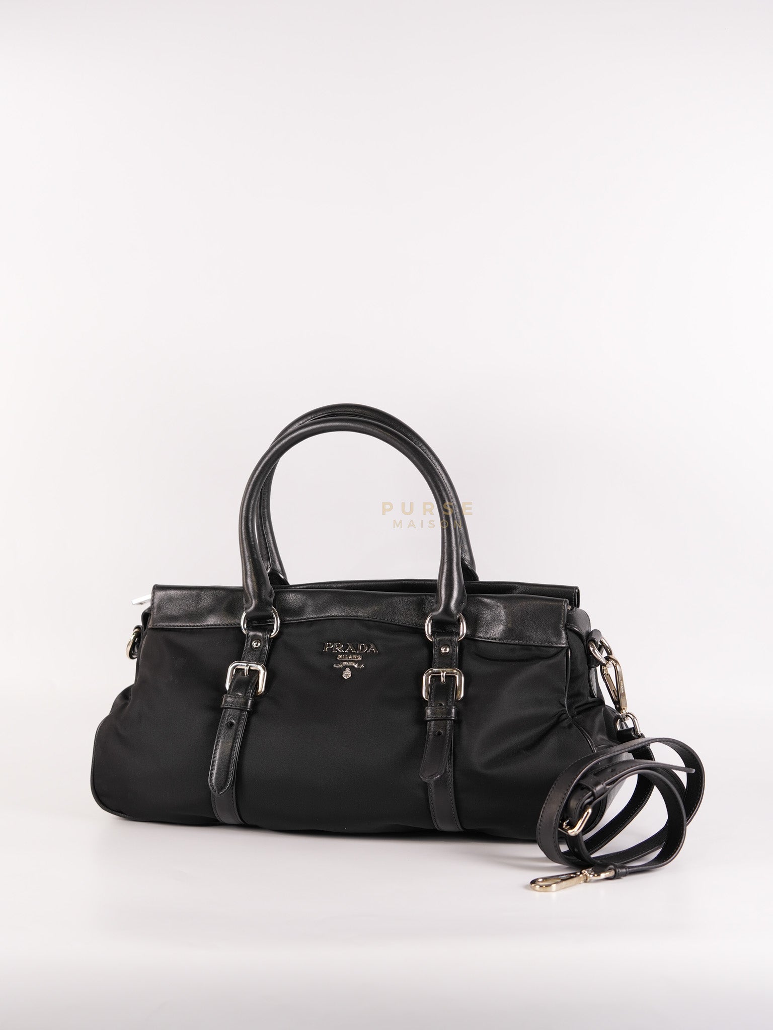 Tessuto Nylon Top Handle Shoulder Bag in Black and Silver Hardware | Purse Maison Luxury Bags Shop