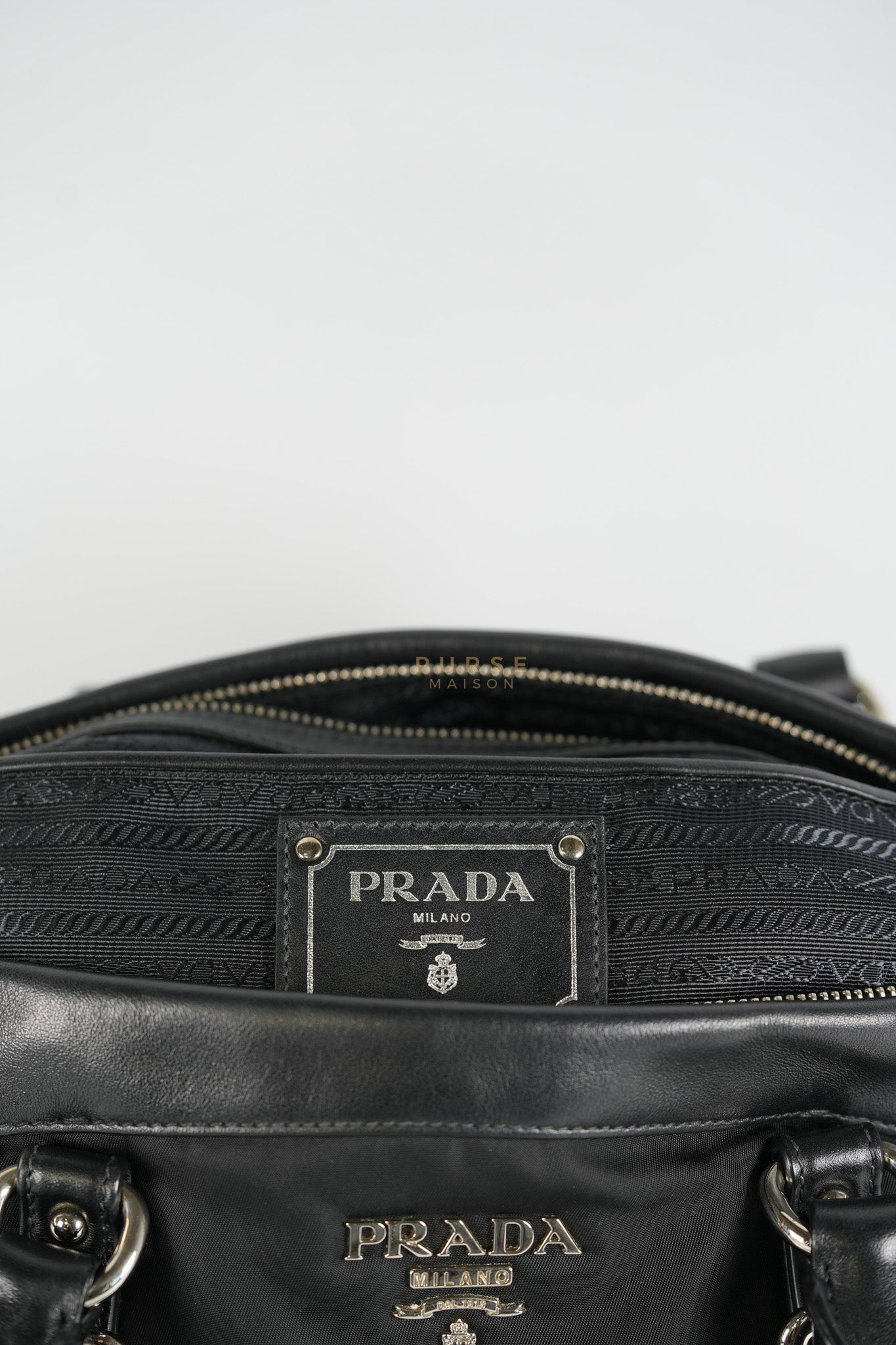 Tessuto Nylon Top Handle Shoulder Bag in Black and Silver Hardware | Purse Maison Luxury Bags Shop