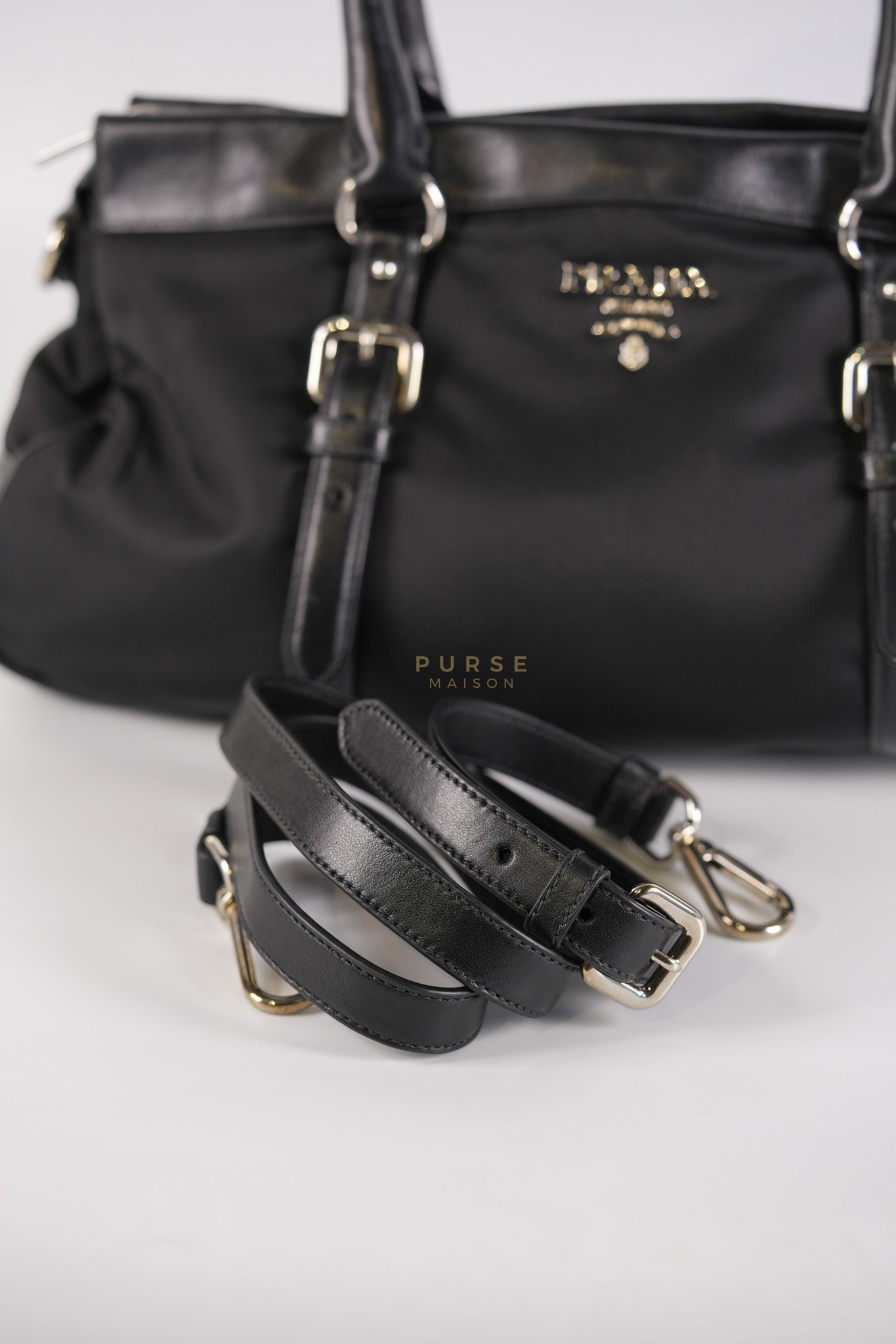 Tessuto Nylon Top Handle Shoulder Bag in Black and Silver Hardware | Purse Maison Luxury Bags Shop