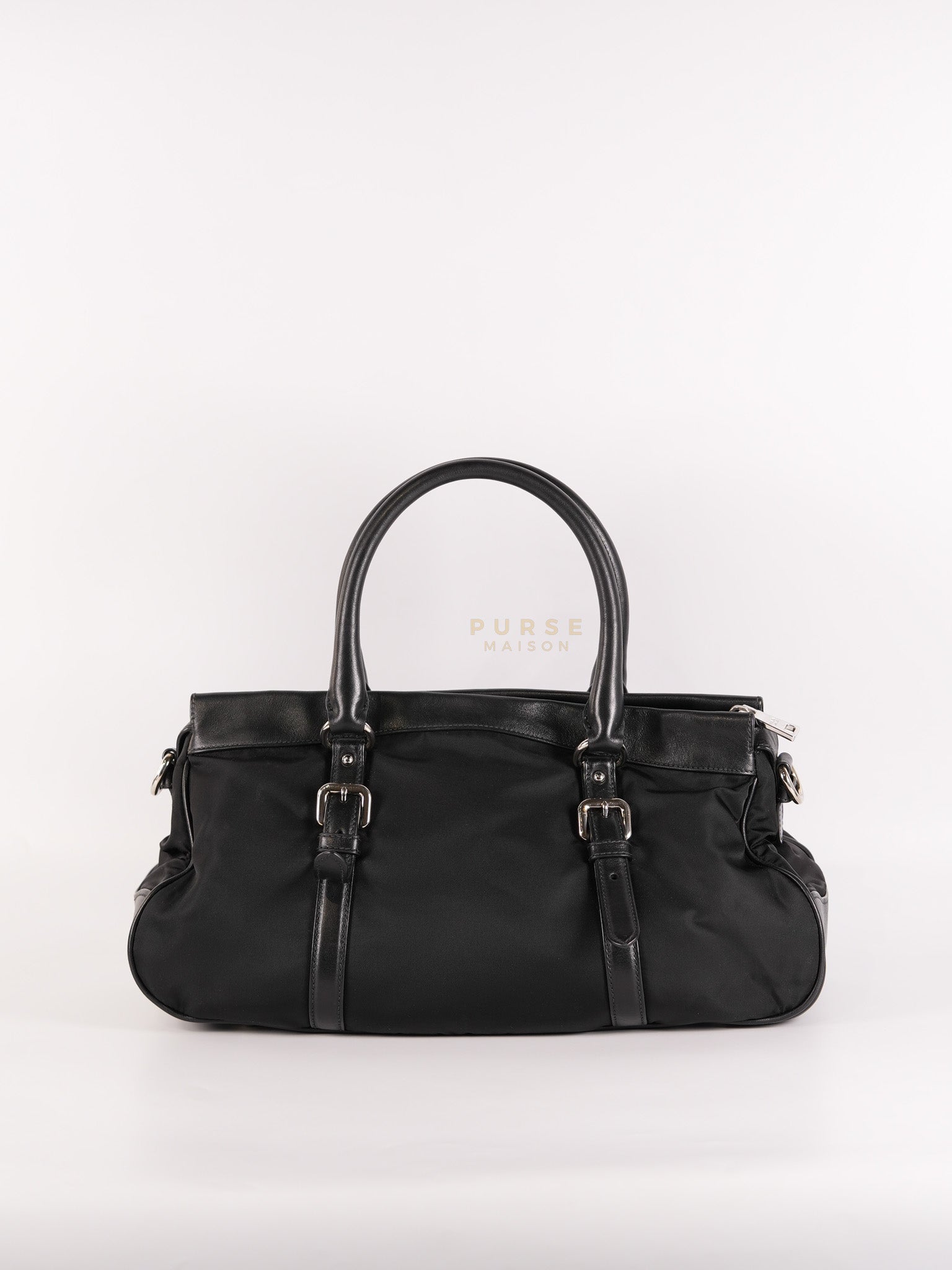 Tessuto Nylon Top Handle Shoulder Bag in Black and Silver Hardware | Purse Maison Luxury Bags Shop
