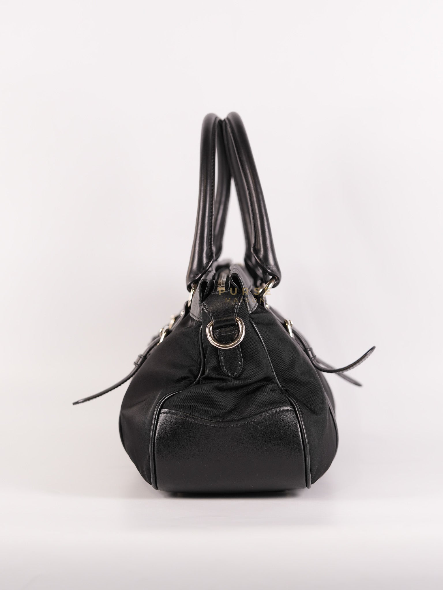 Tessuto Nylon Top Handle Shoulder Bag in Black and Silver Hardware | Purse Maison Luxury Bags Shop