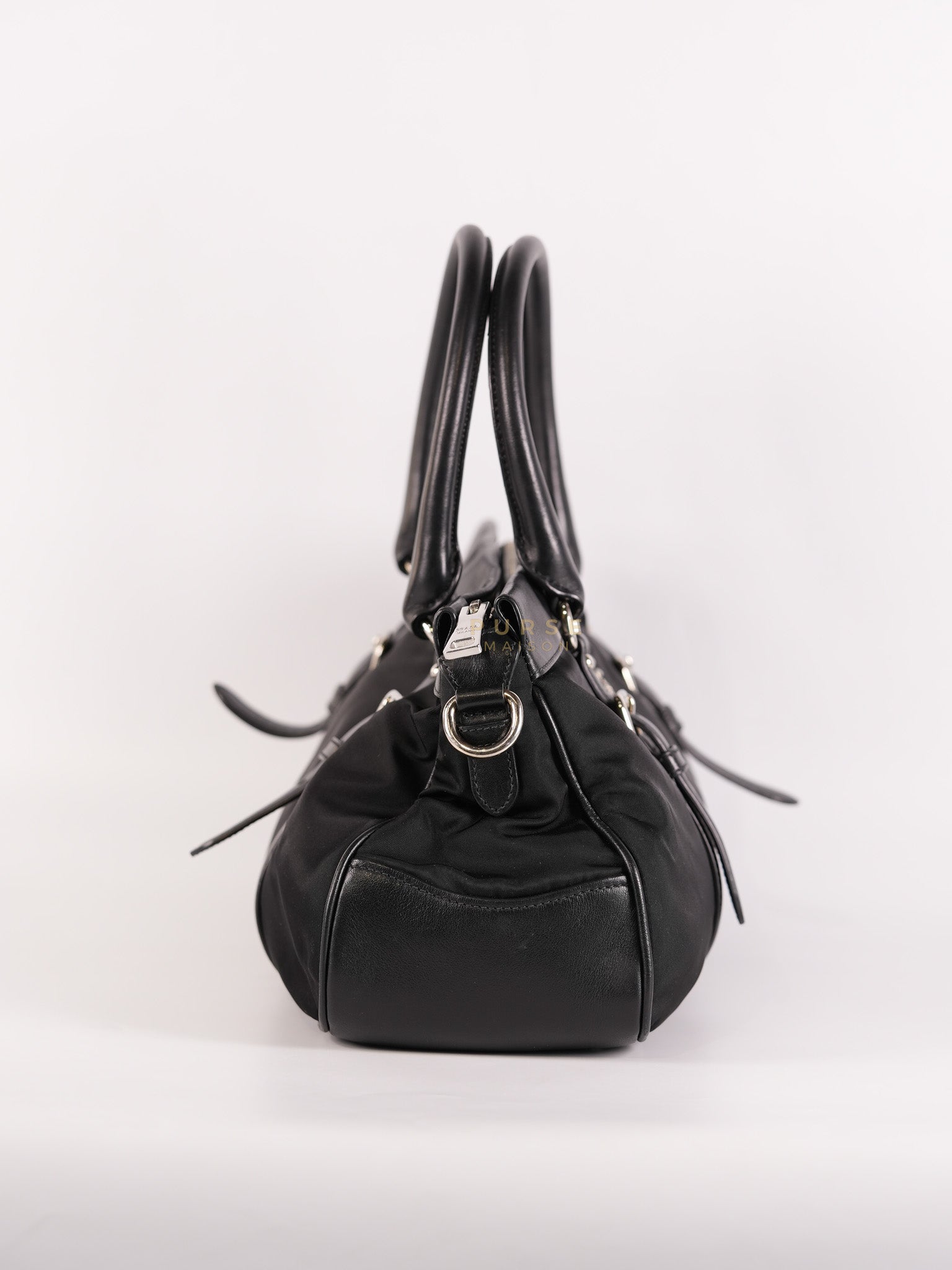 Tessuto Nylon Top Handle Shoulder Bag in Black and Silver Hardware | Purse Maison Luxury Bags Shop