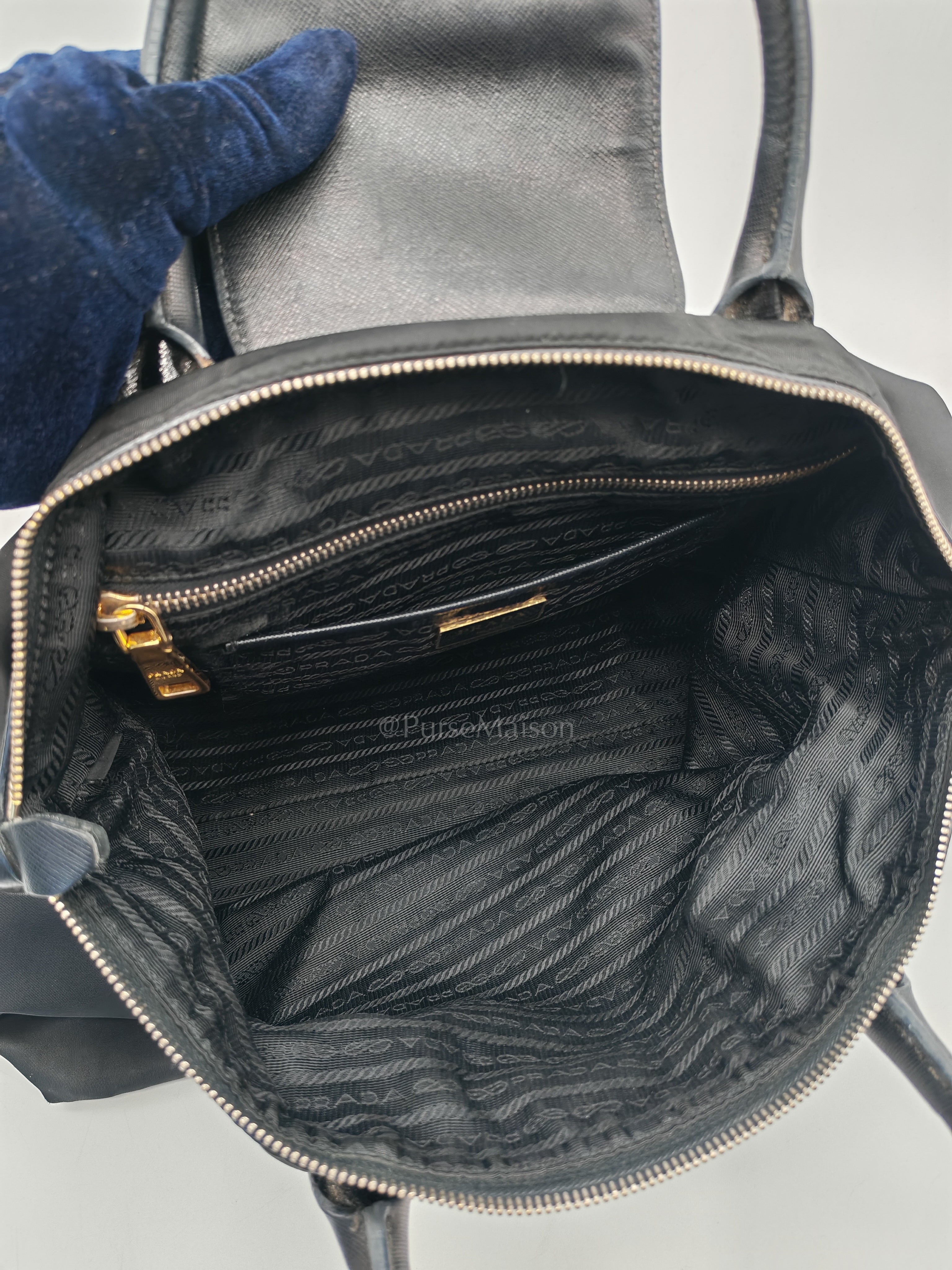 Tessuto Nylon Totebag in Black Saffiano Leather | Purse Maison Luxury Bags Shop