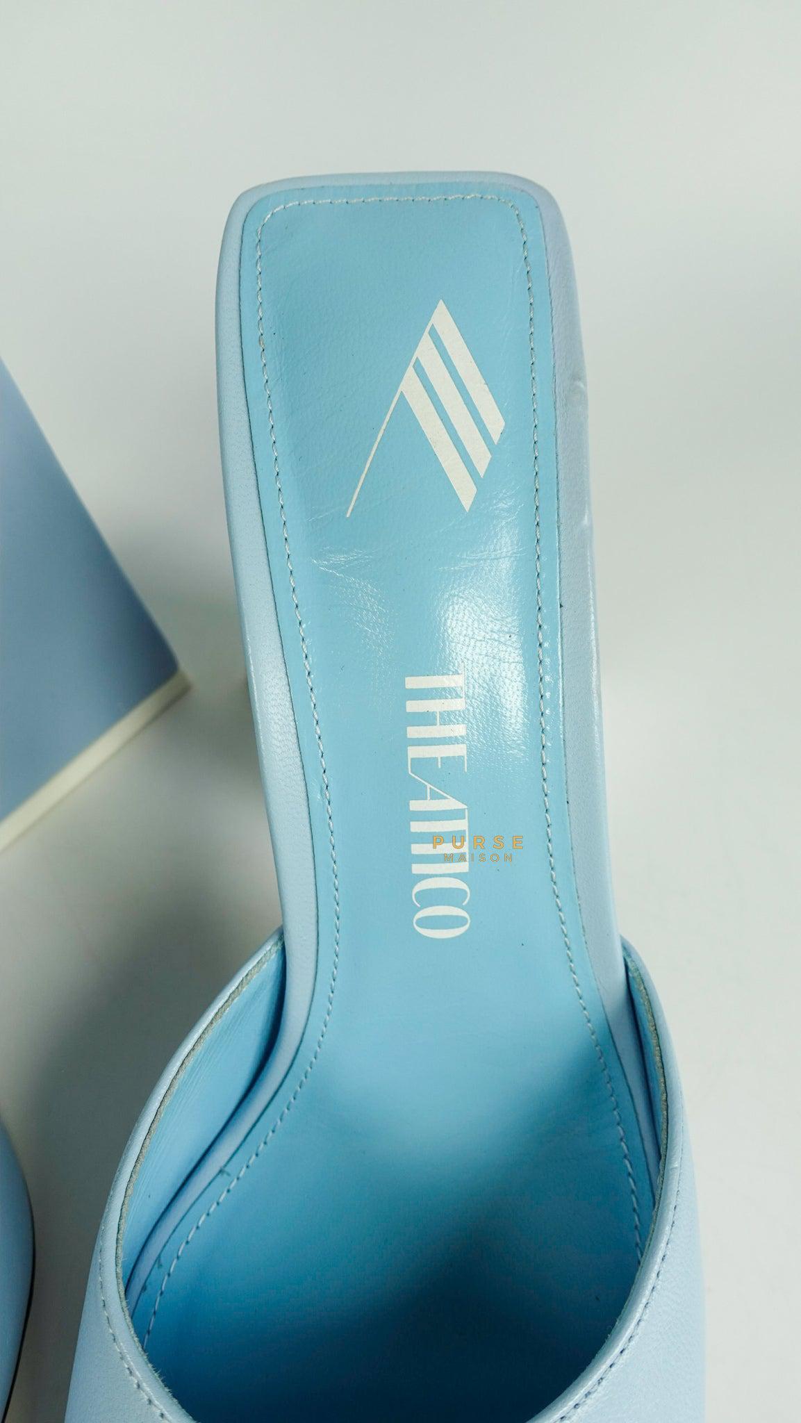The Attico Devon Mule Chunky Triangle Heels Sky Blue Size 38