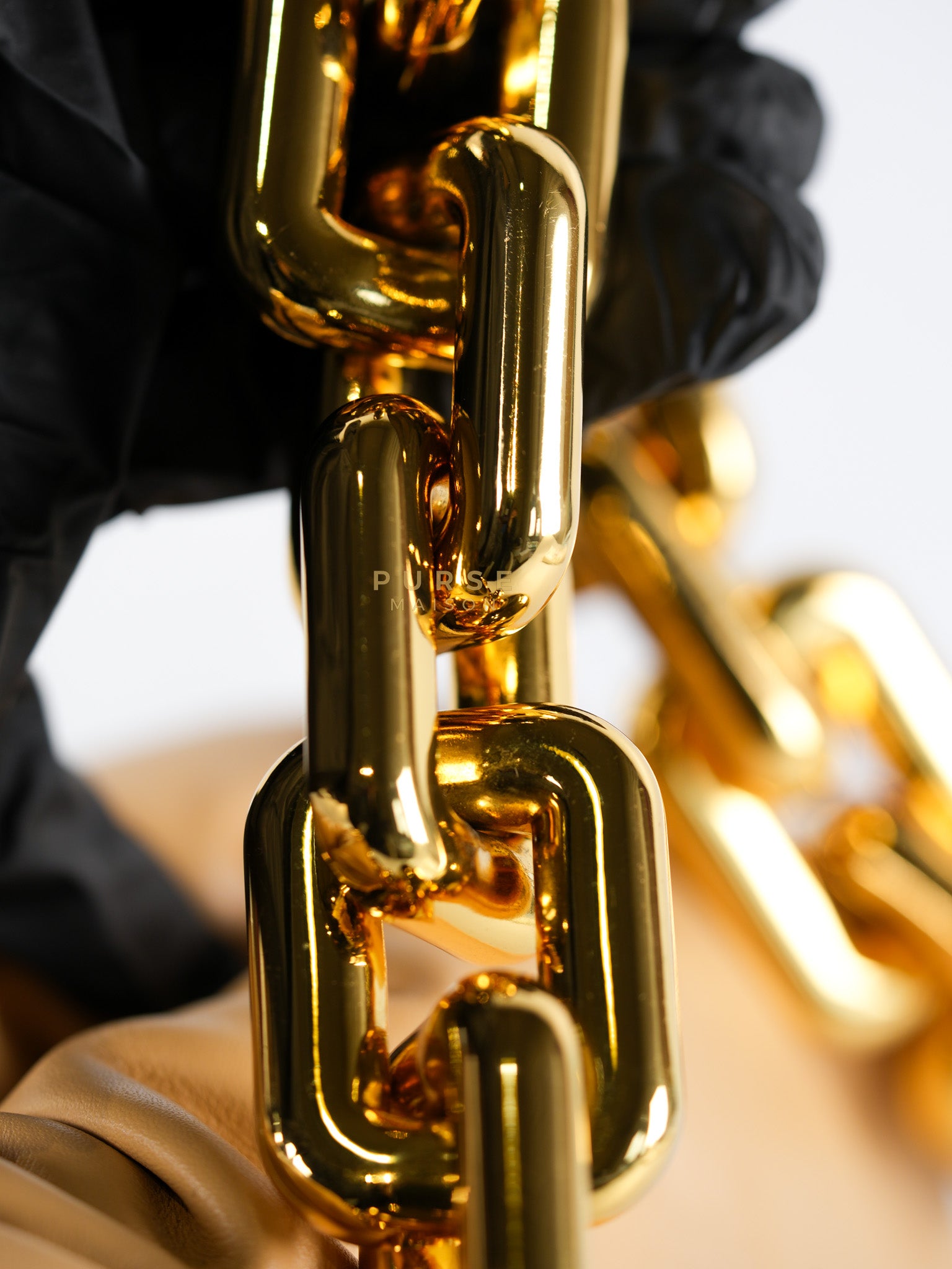 The Chain Pouch Medium in Almond Beige Calfskin Leather | Purse Maison Luxury Bags Shop