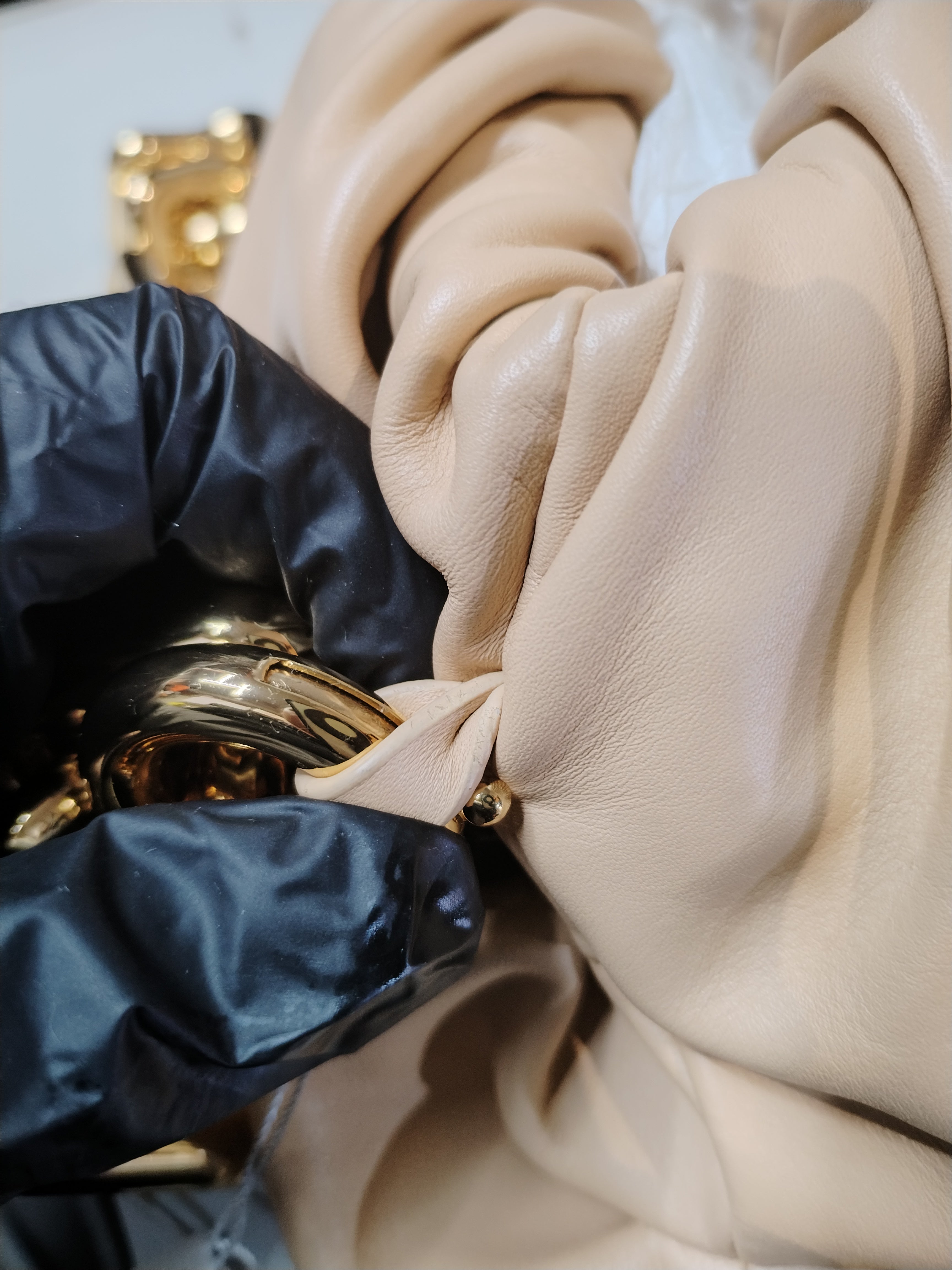 The Chain Pouch Medium in Almond Beige Calfskin Leather | Purse Maison Luxury Bags Shop