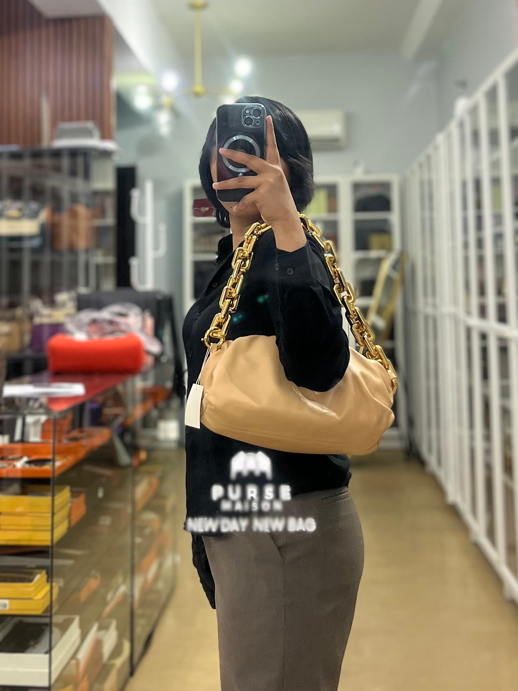 The Chain Pouch Medium in Almond Beige Calfskin Leather | Purse Maison Luxury Bags Shop