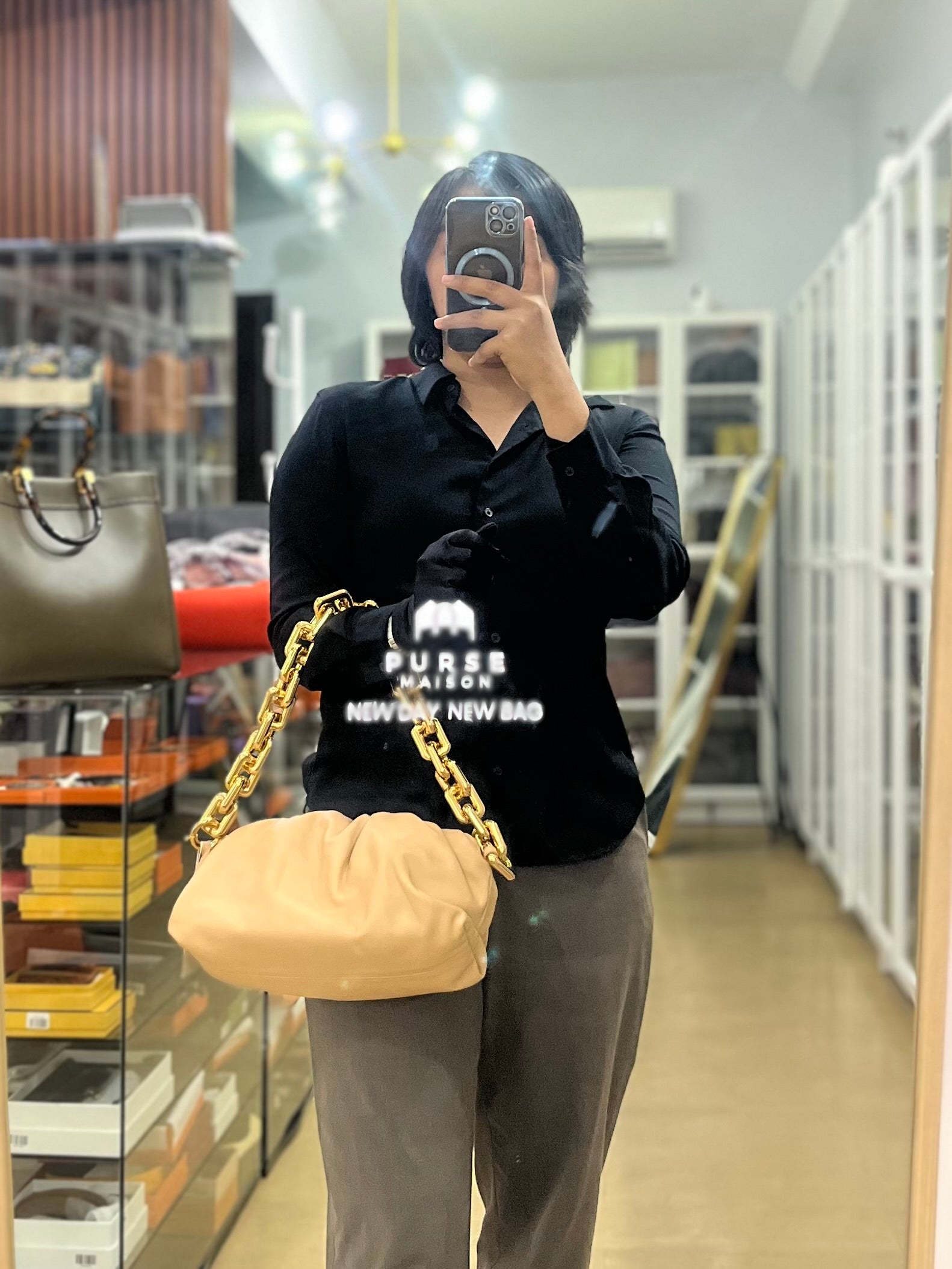 The Chain Pouch Medium in Almond Beige Calfskin Leather | Purse Maison Luxury Bags Shop